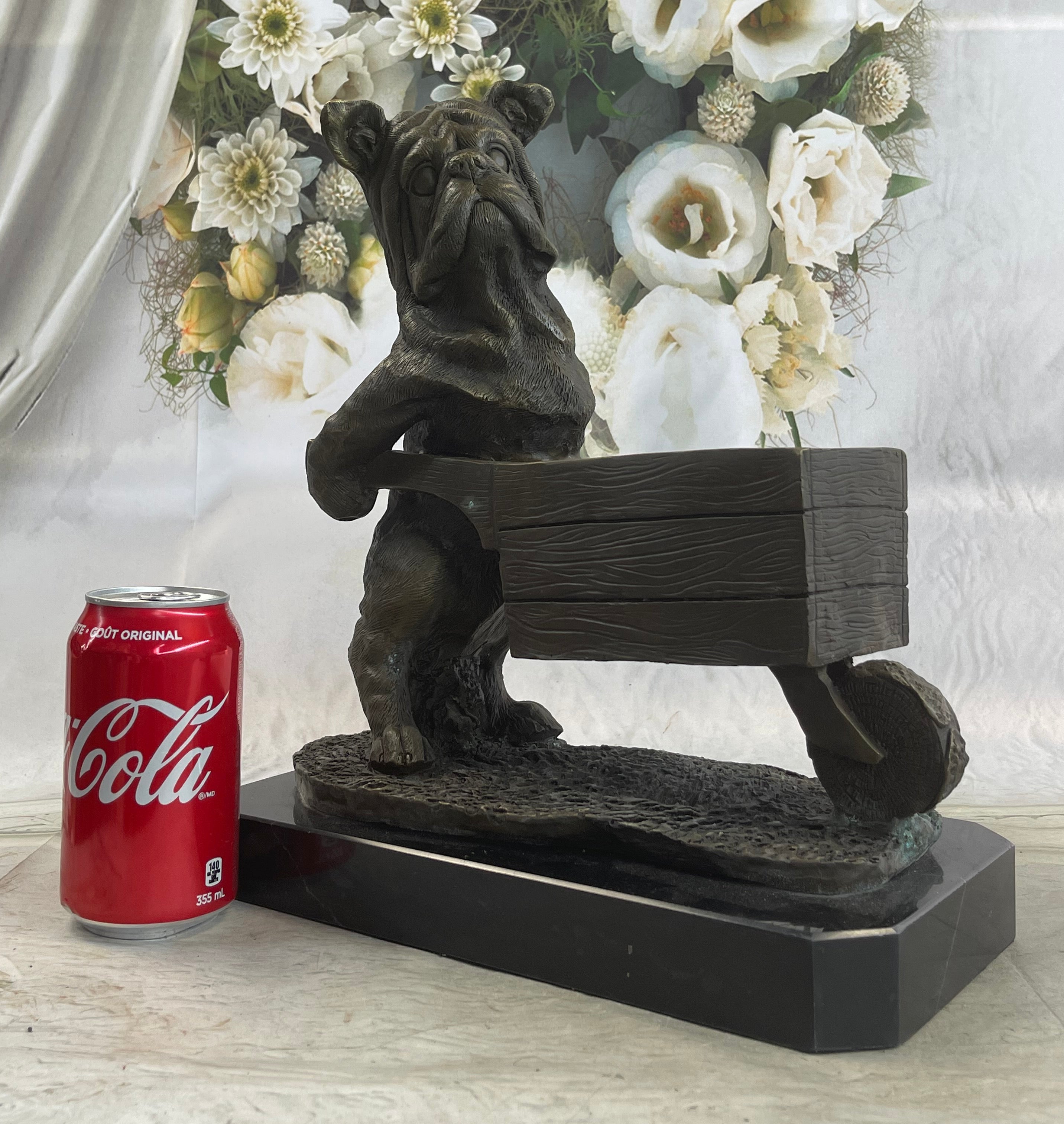 English Bulldog Wheelbarrow Bronze Planter Dish 12" x 12"
