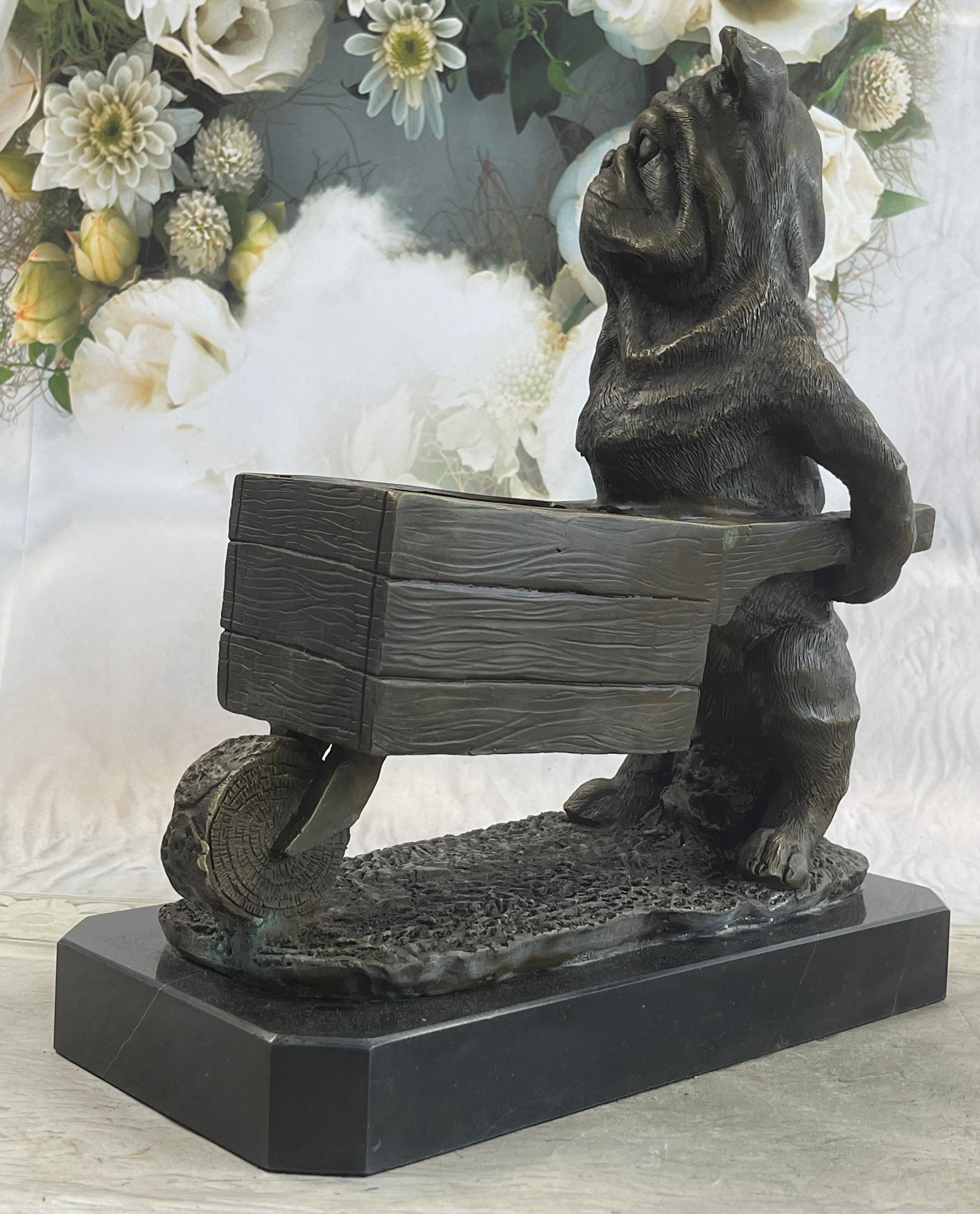 English Bulldog Wheelbarrow Bronze Planter Dish 12" x 12"