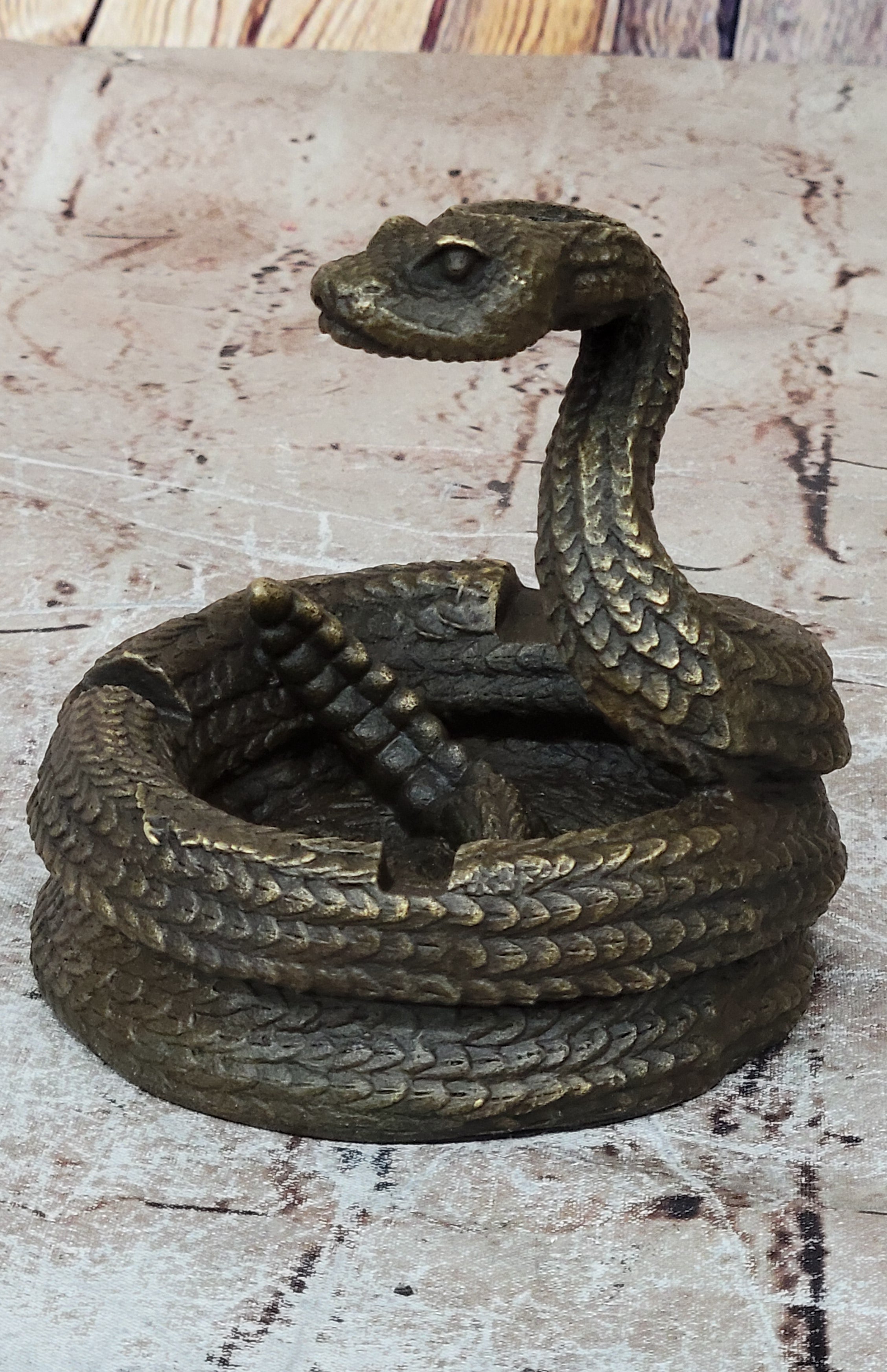 Rattlesnake Bronze Metal Ashtray Sculpture Signed Art