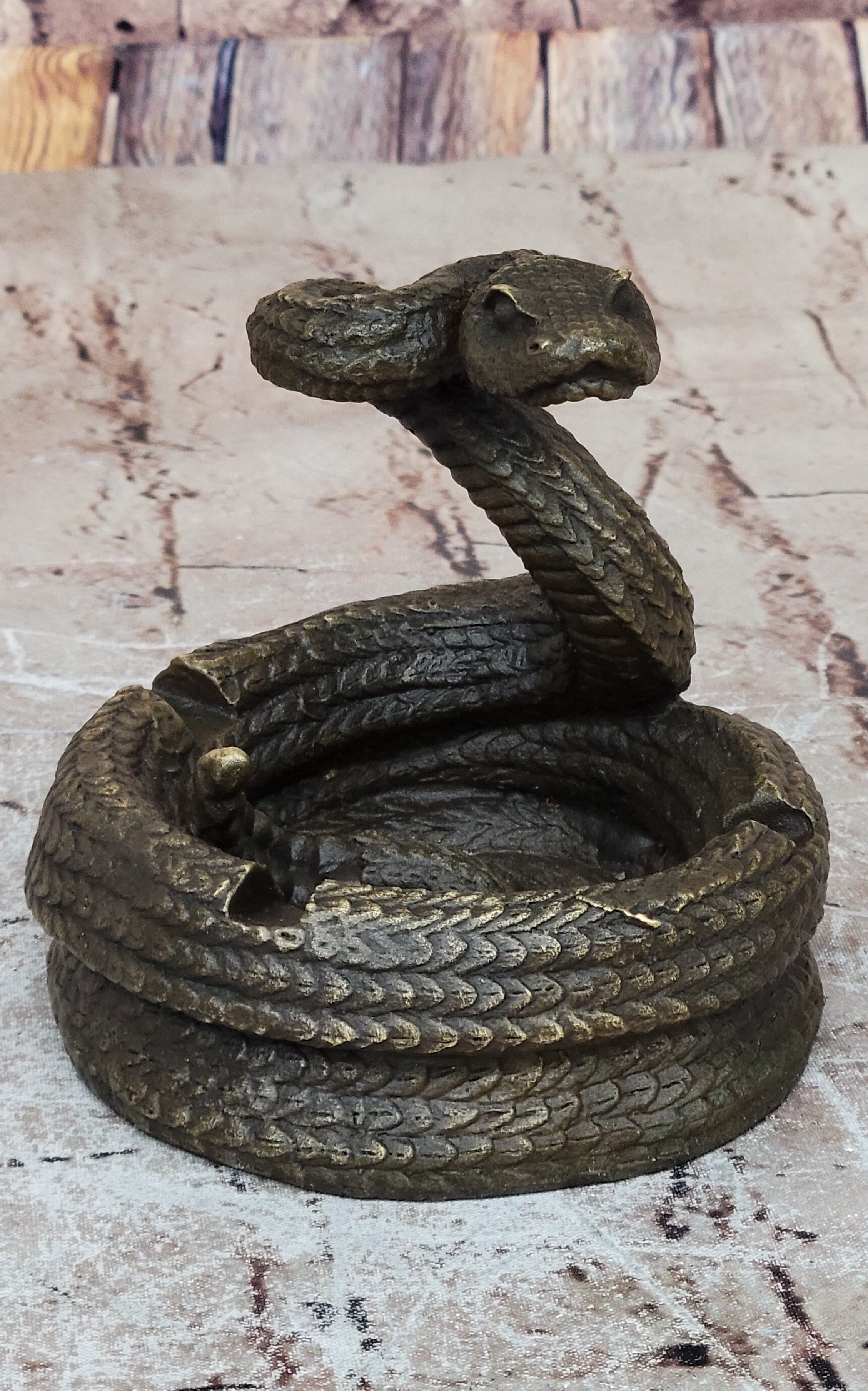 Rattlesnake Bronze Metal Ashtray Sculpture Signed Art