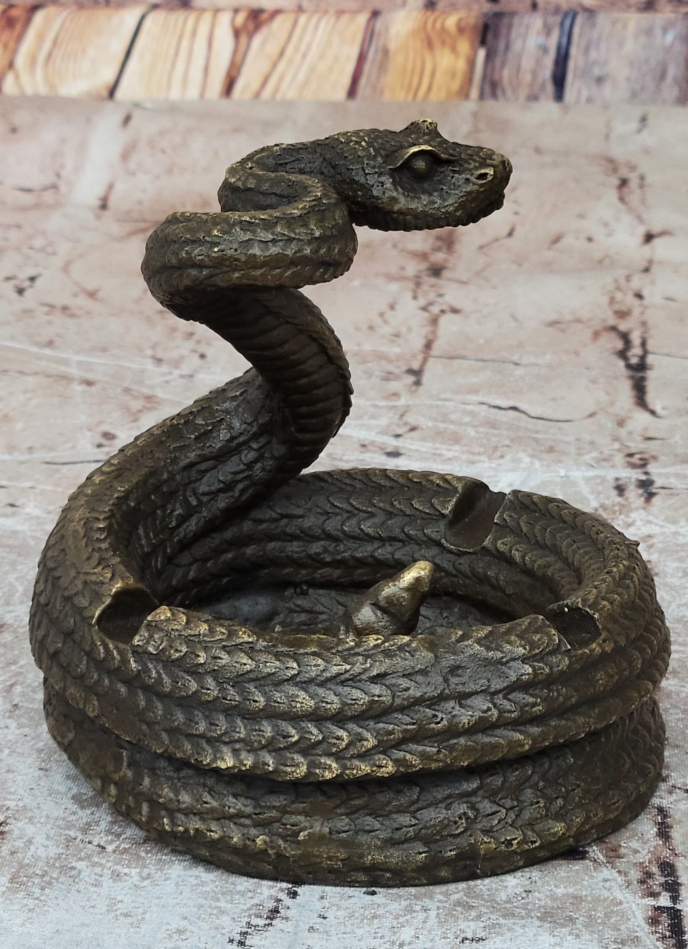 Rattlesnake Bronze Metal Ashtray Sculpture Signed Art