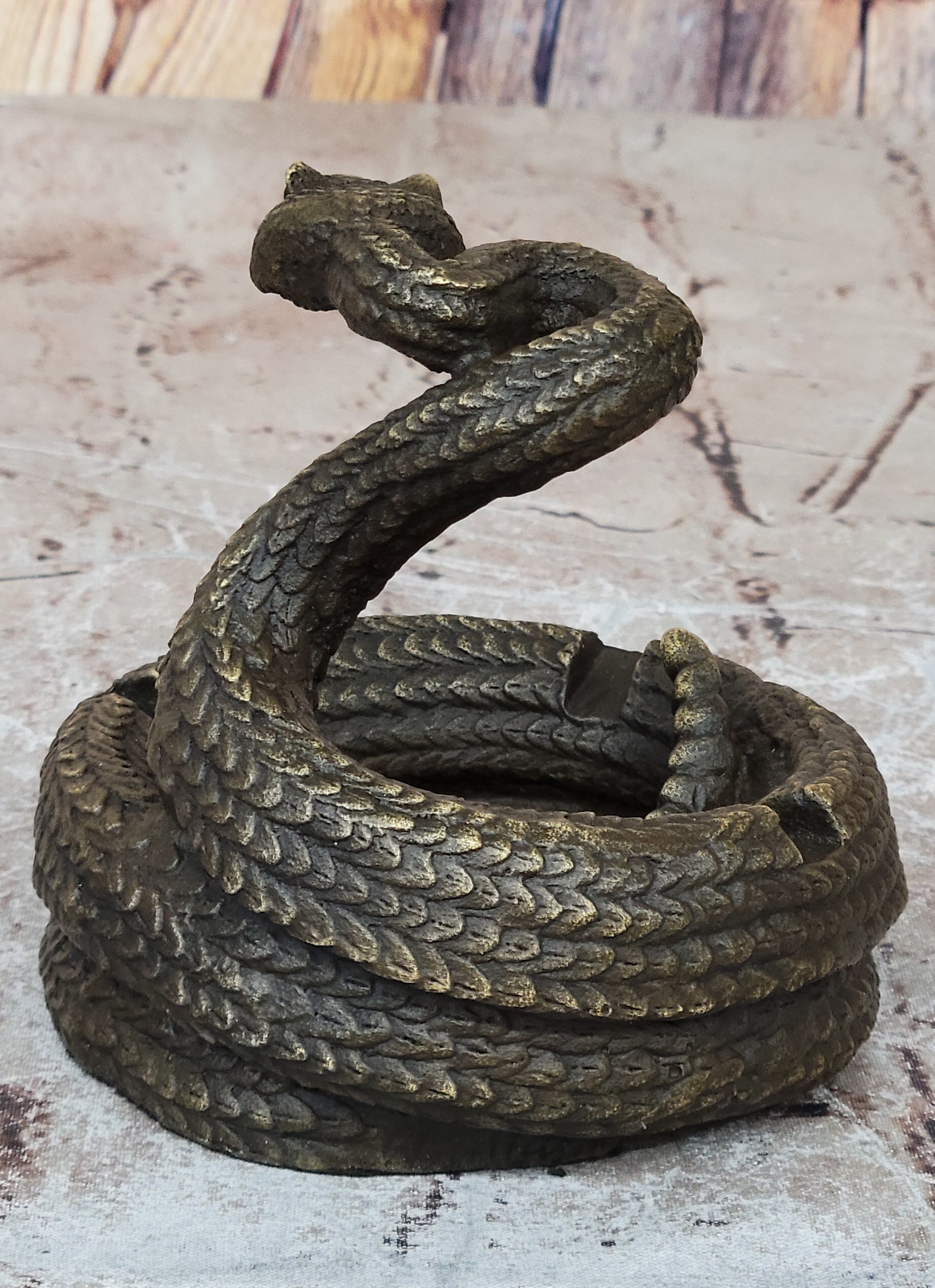 Rattlesnake Bronze Metal Ashtray Sculpture Signed Art
