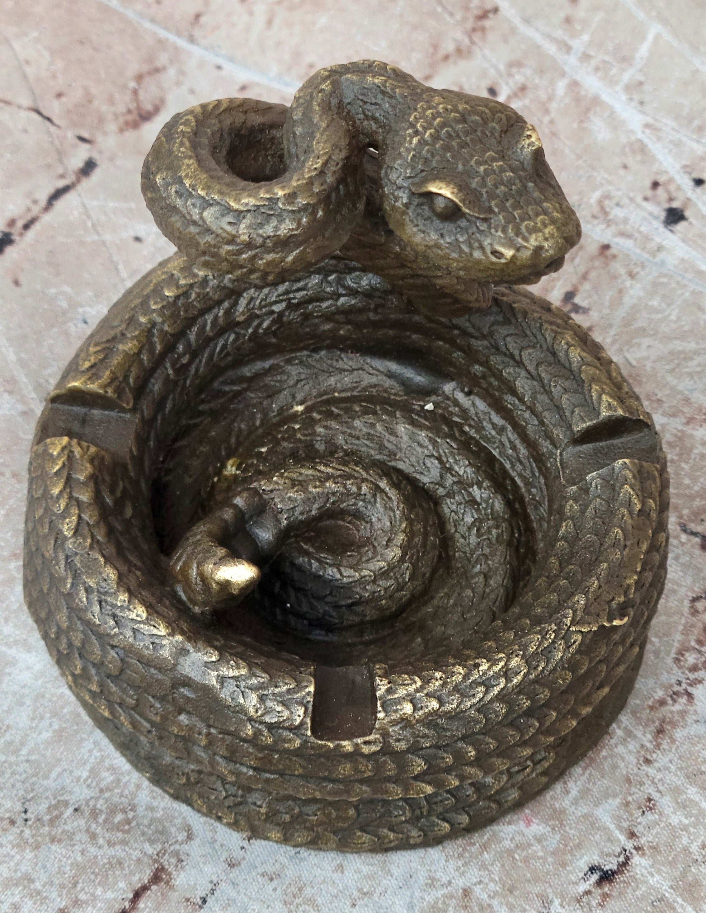 Rattlesnake Bronze Metal Ashtray Sculpture Signed Art