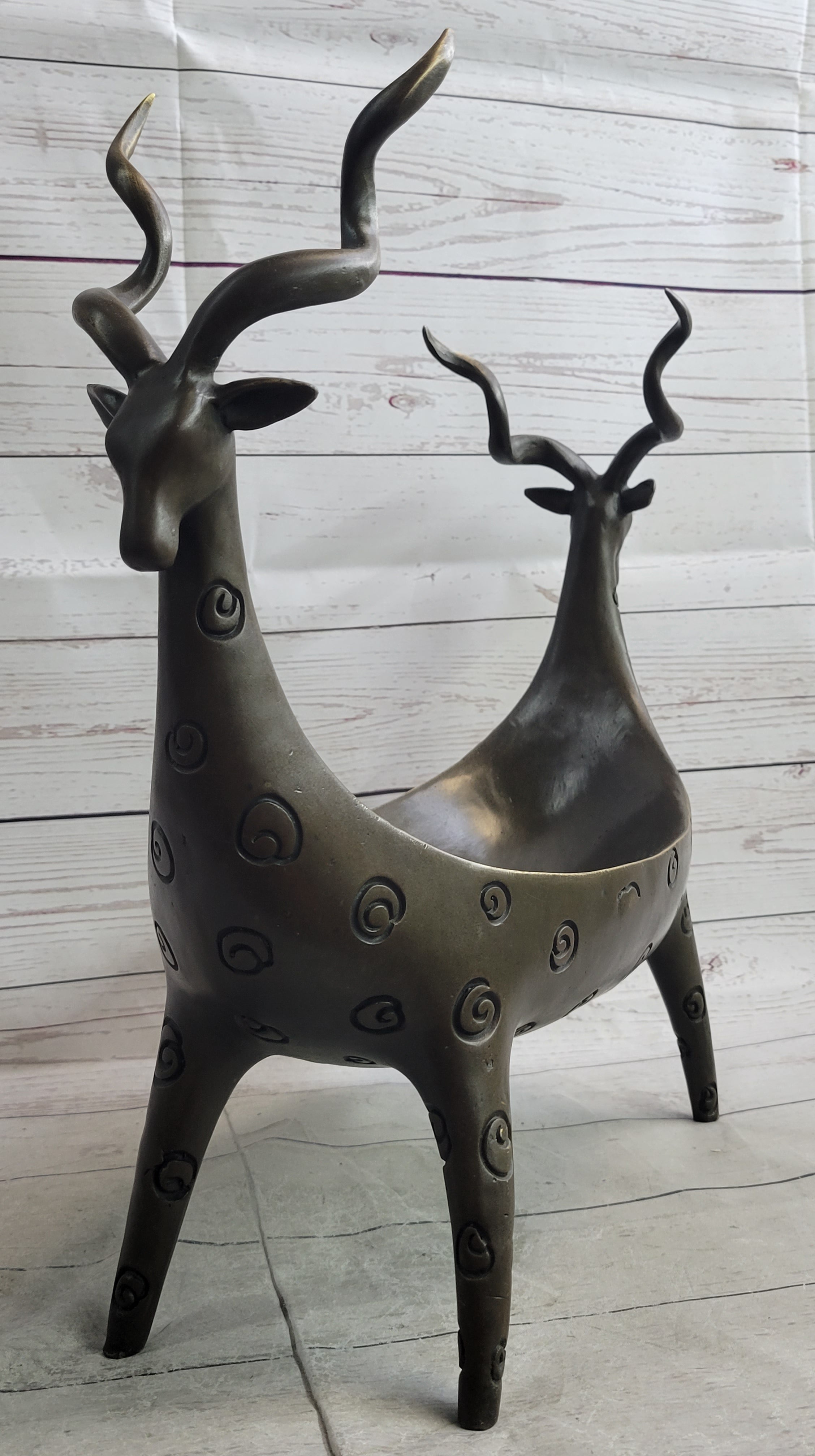 Two Gazelle Antelope Kudu Bronze Planter Bowl Candy Dish