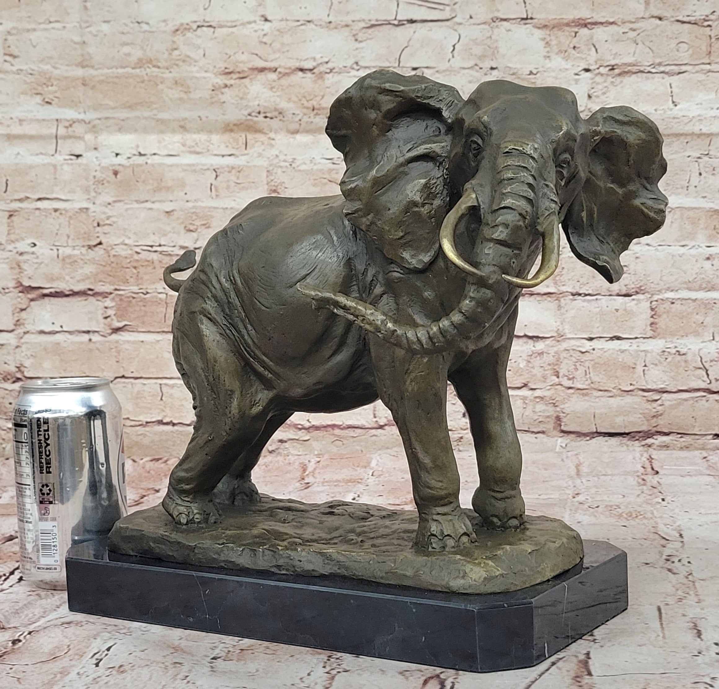 African Elephant Bronze Sculpture on Marble Base