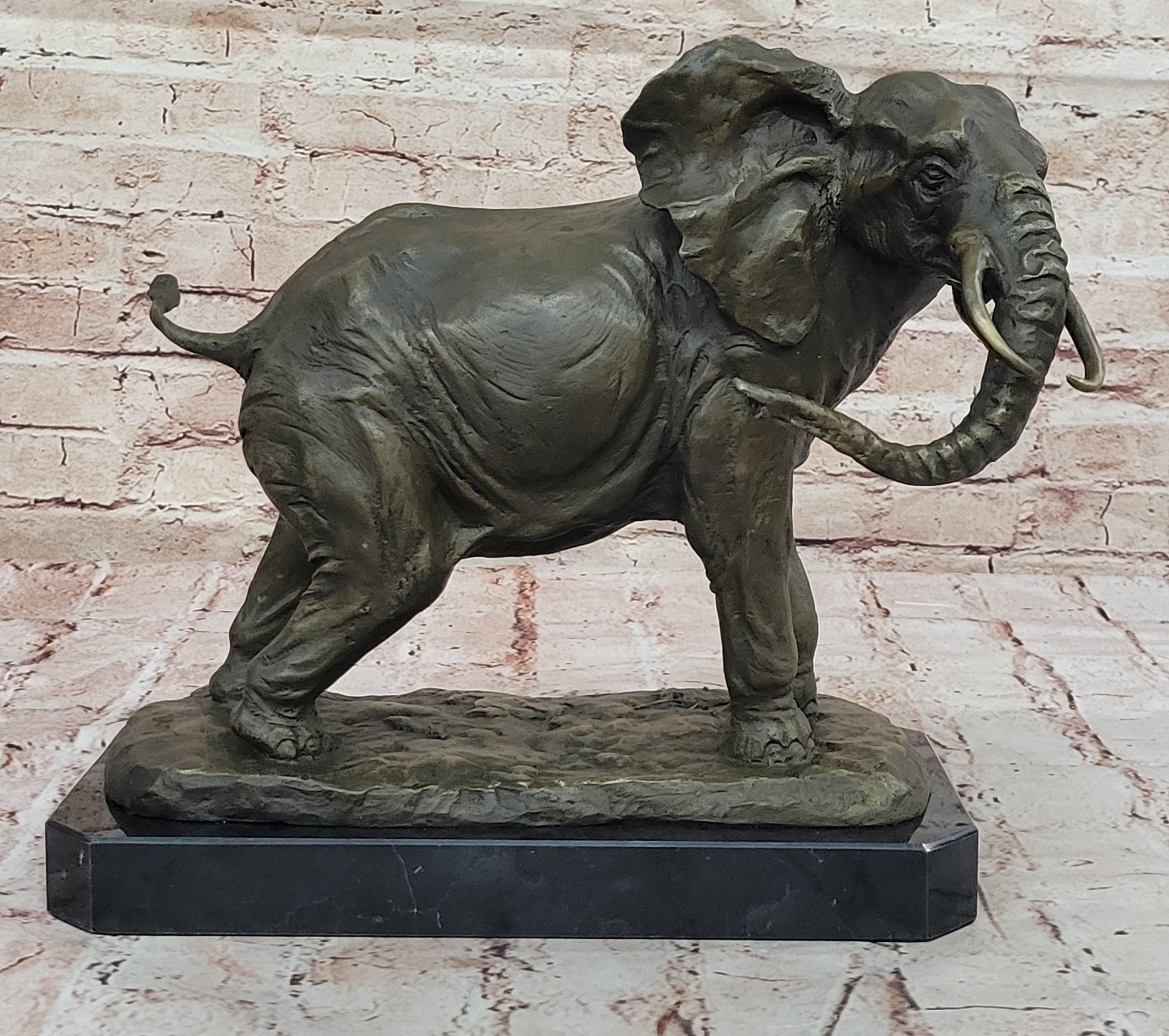 African Elephant Bronze Sculpture on Marble Base