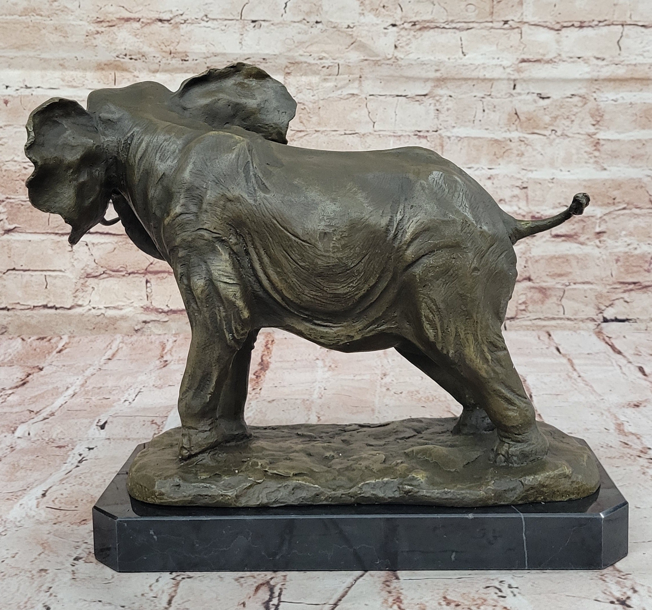 African Elephant Bronze Sculpture on Marble Base