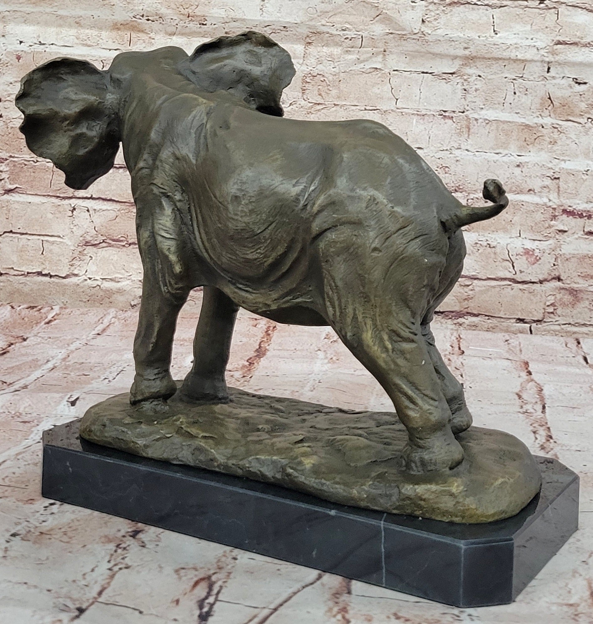 African Elephant Bronze Sculpture on Marble Base