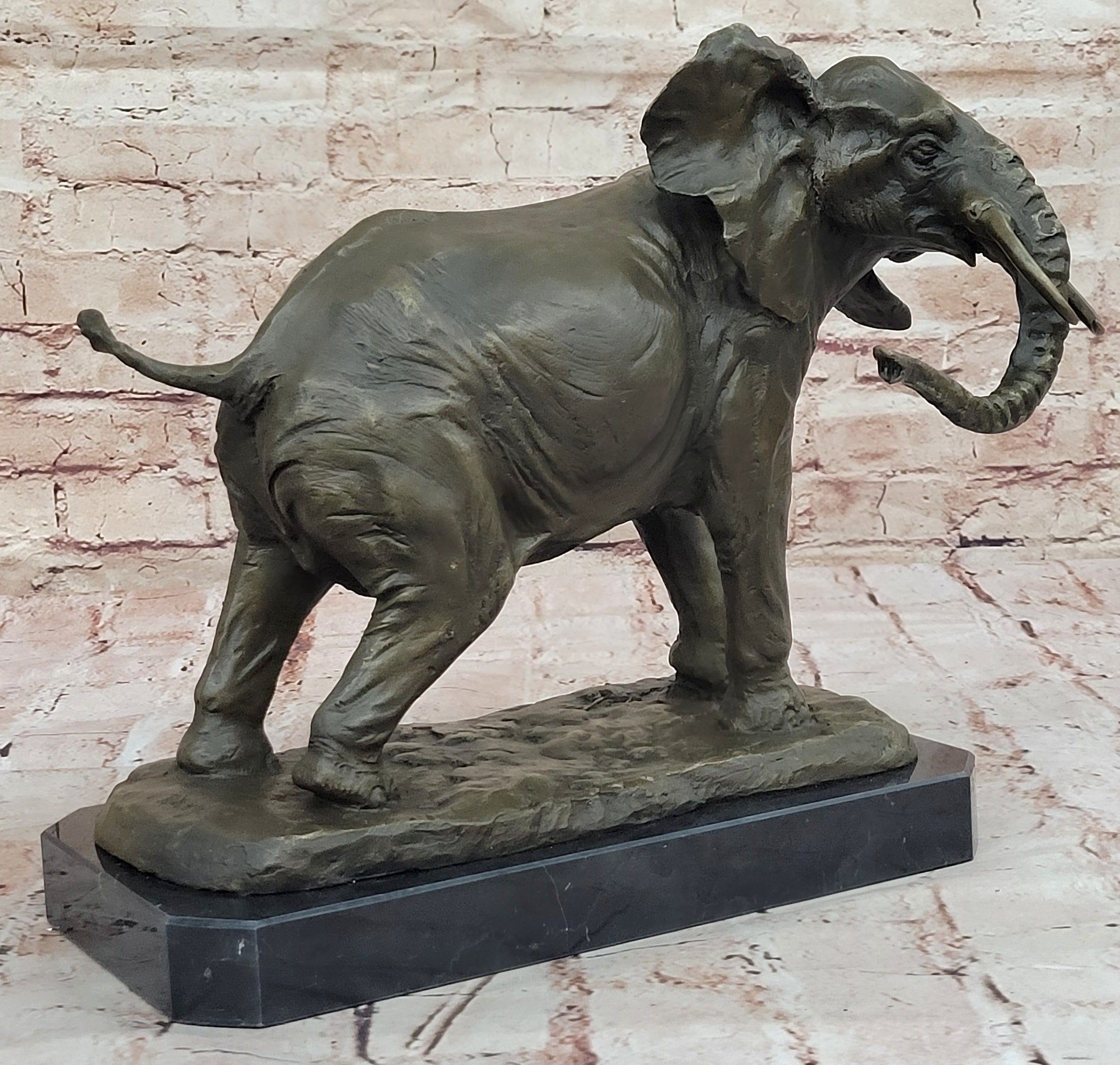 African Elephant Bronze Sculpture on Marble Base