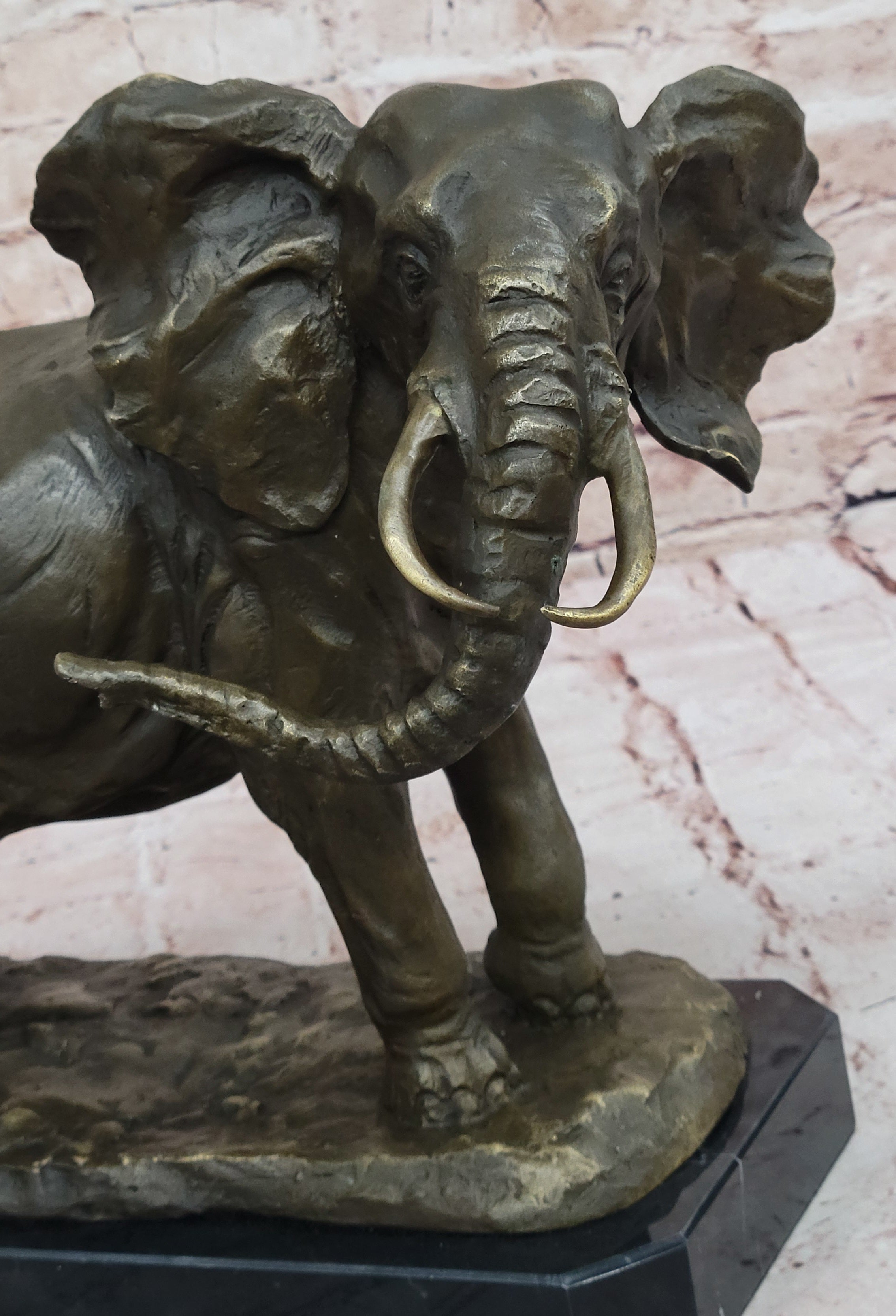 African Elephant Bronze Sculpture on Marble Base