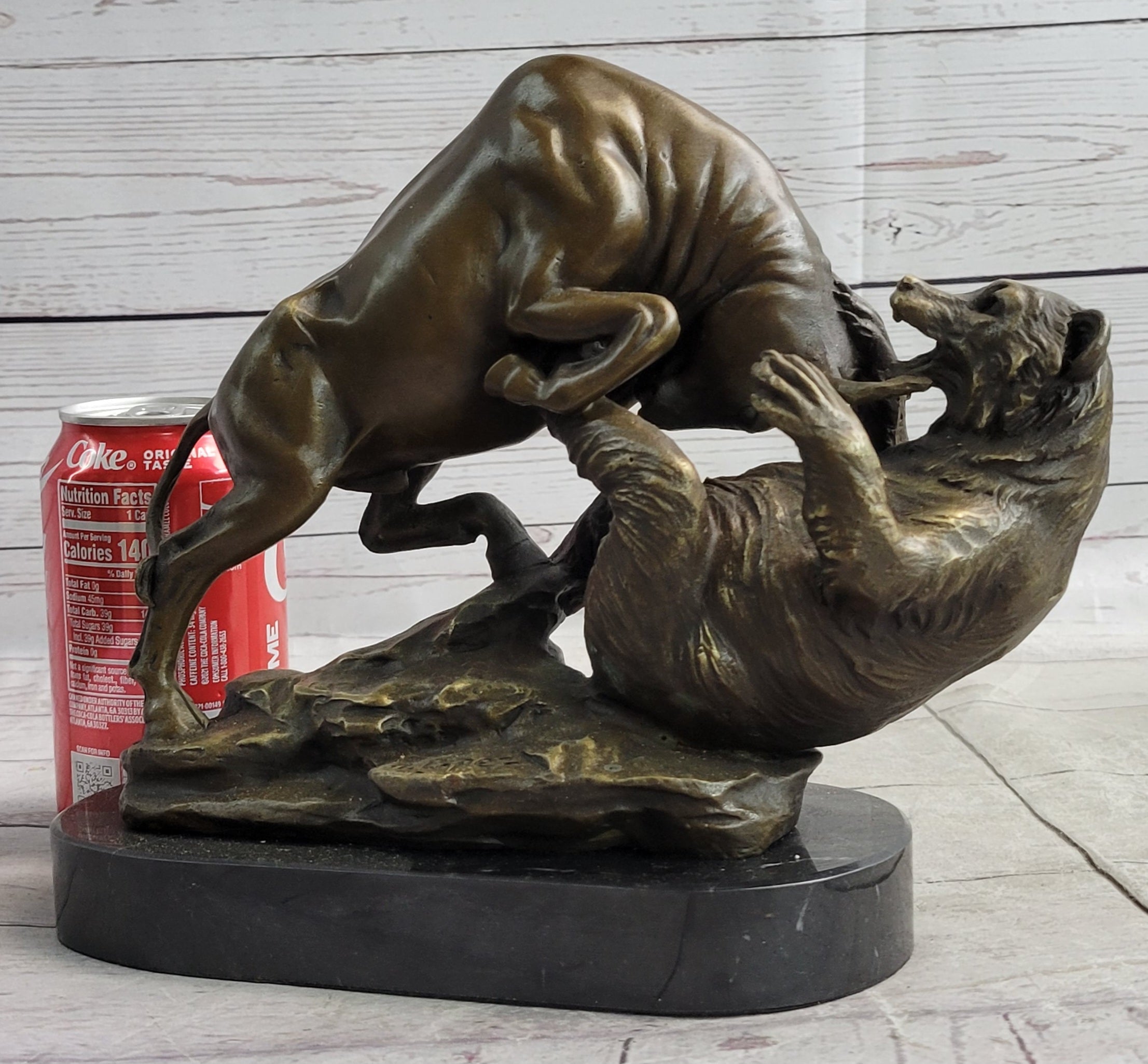 Stock Market Bull vs Bear Bronze Sculpture Marble Base Signed Art