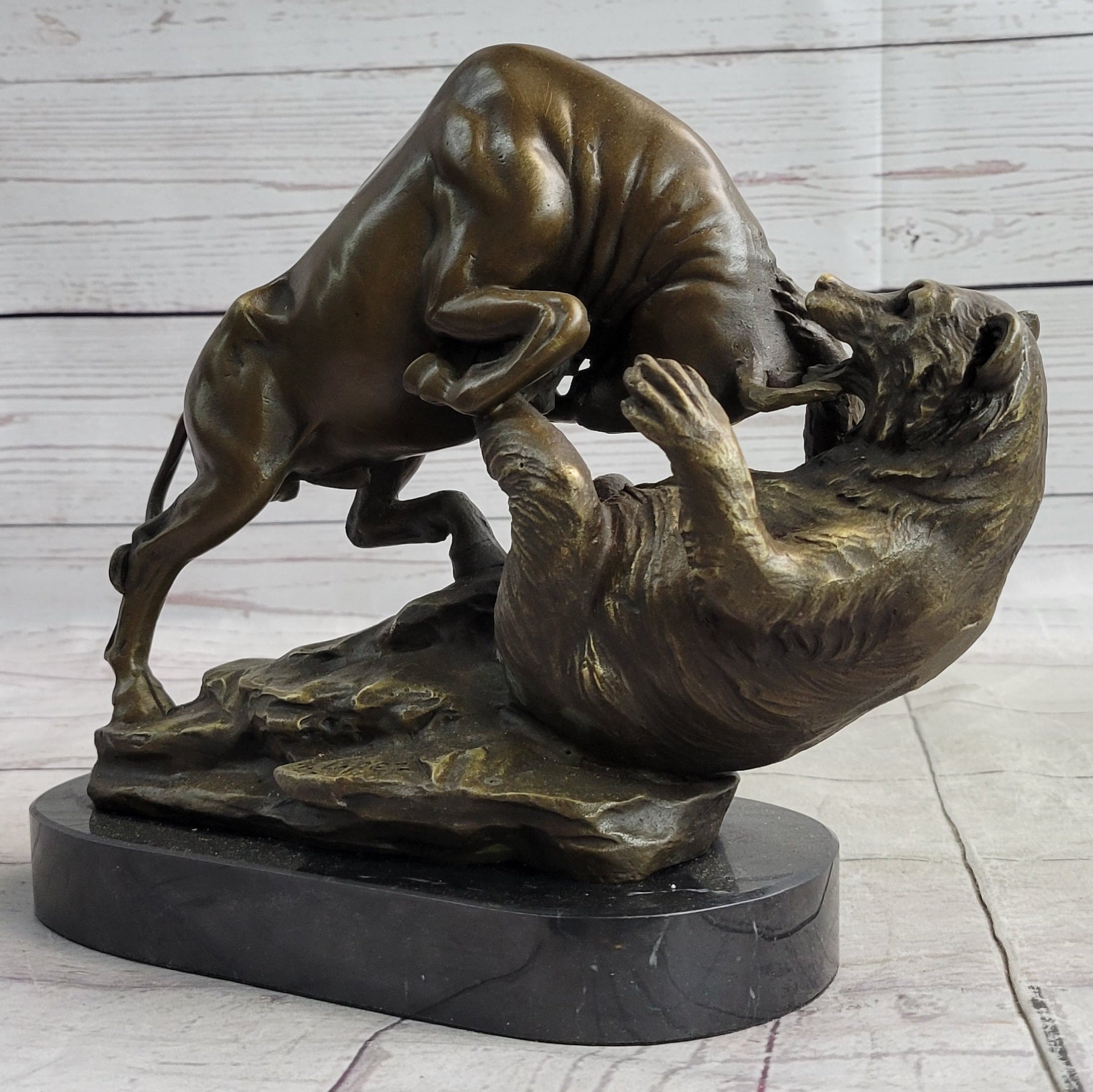 Stock Market Bull vs Bear Bronze Sculpture Marble Base Signed Art