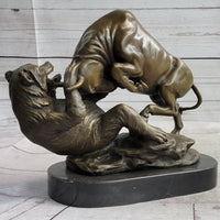 Stock Market Bull vs Bear Bronze Sculpture Marble Base Signed Art