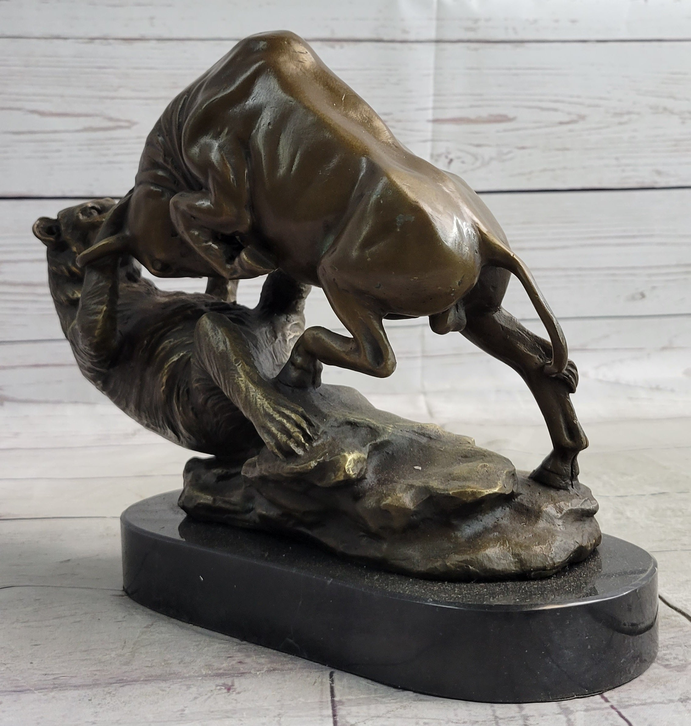 Stock Market Bull vs Bear Bronze Sculpture Marble Base Signed Art