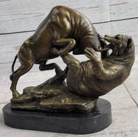 Stock Market Bull vs Bear Bronze Sculpture Marble Base Signed Art