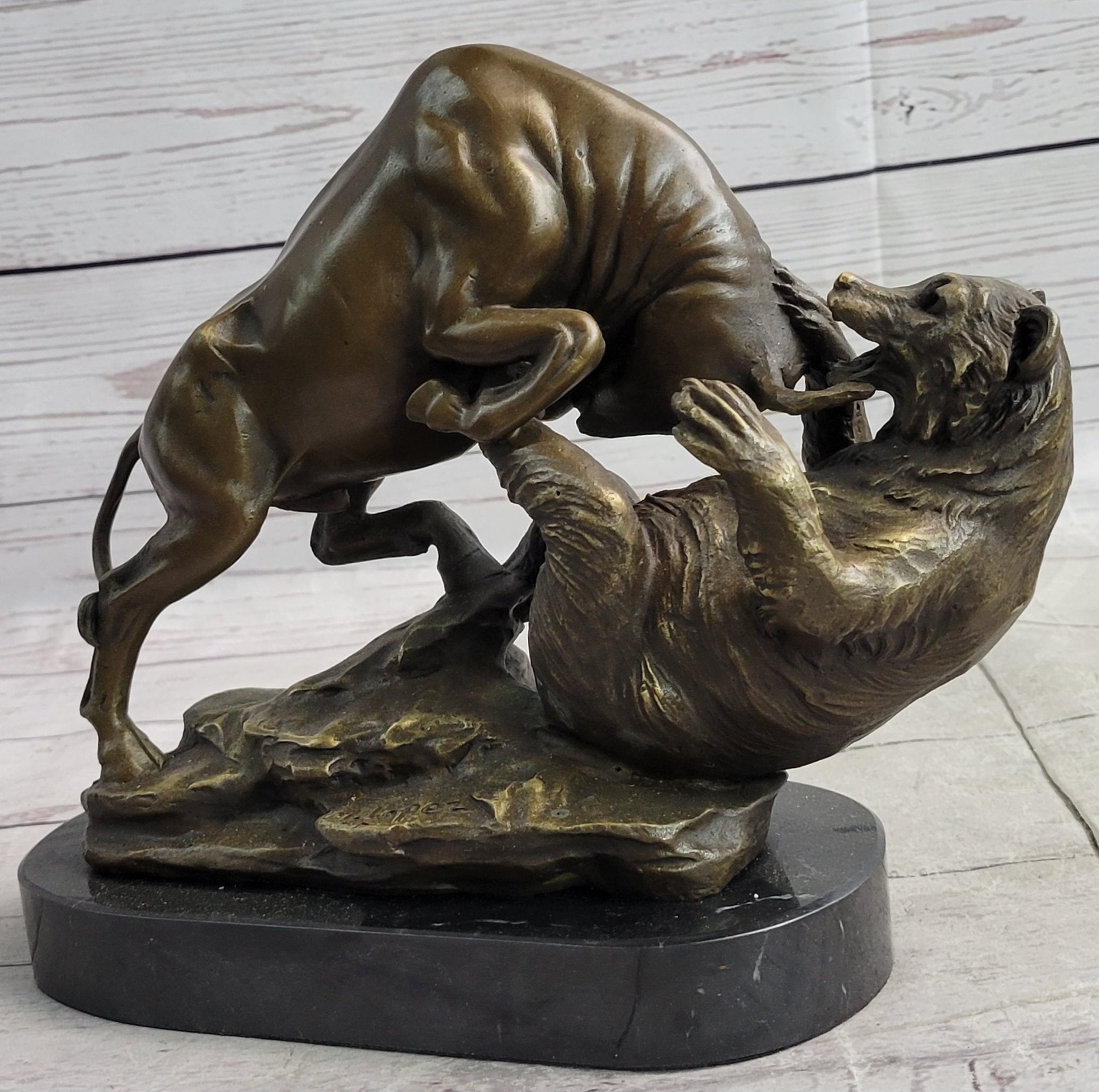 Stock Market Bull vs Bear Bronze Sculpture Marble Base Signed Art