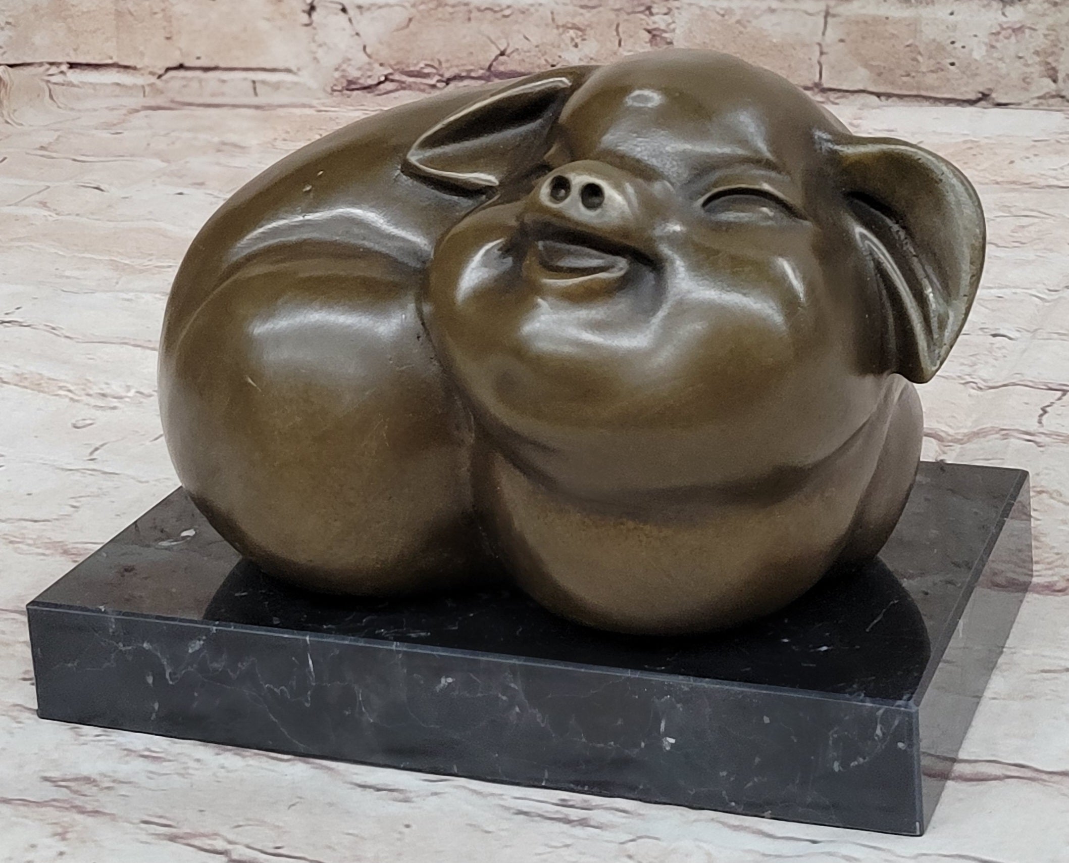 Happy Round Pig Bronze Metal Sculpture Original Art