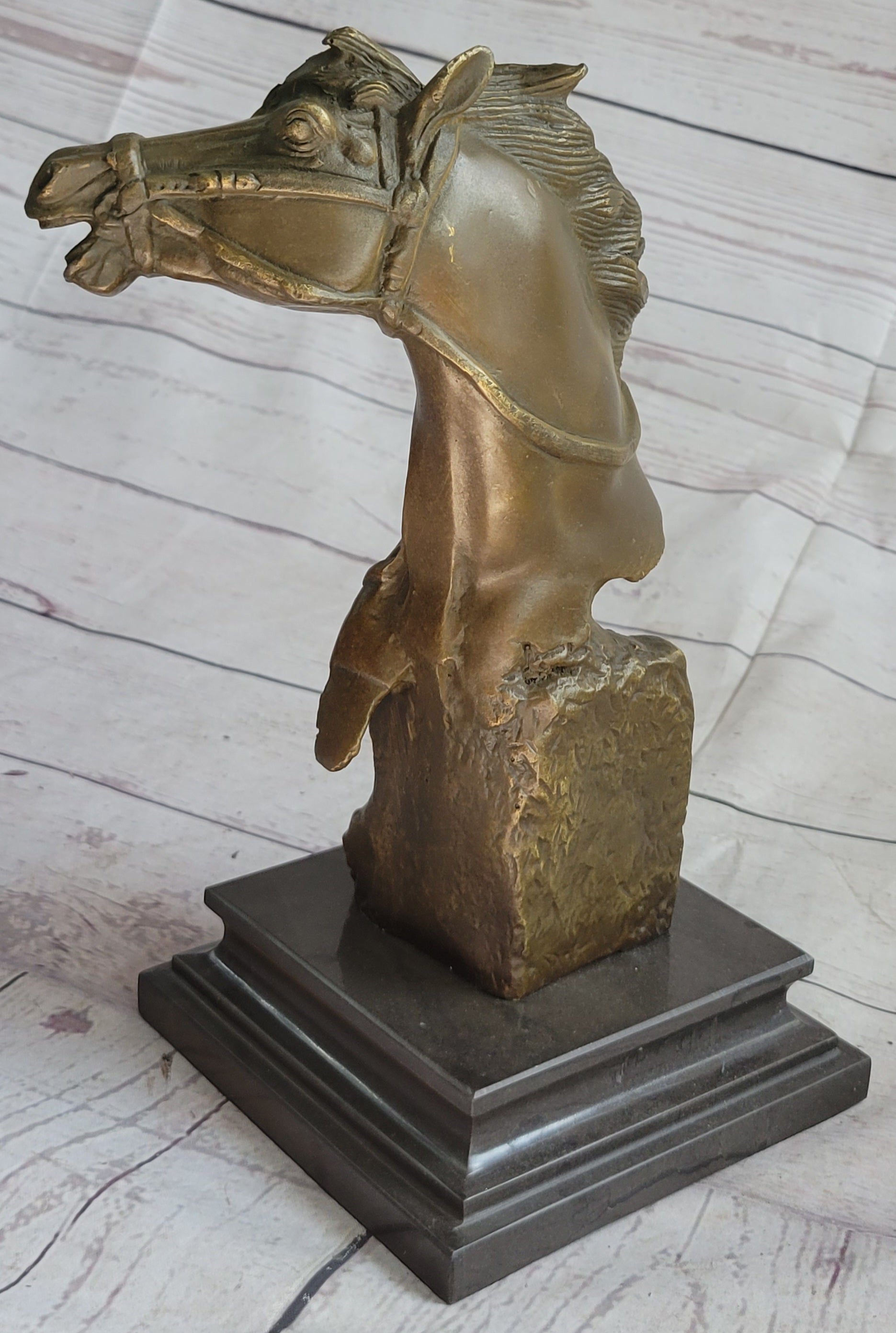 Horse Head Bust Abstract Bronze Metal Sculpture on Marble Base