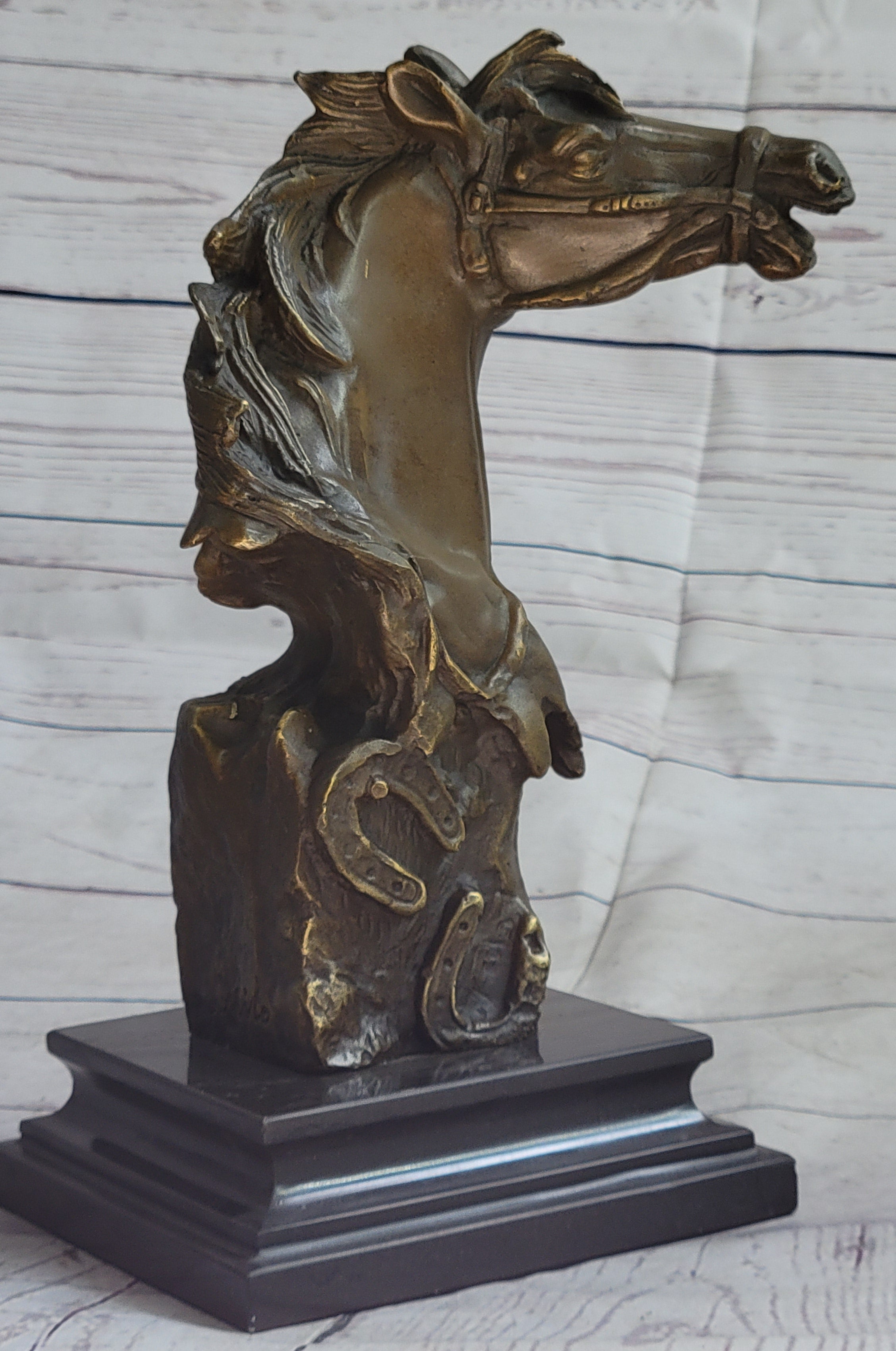 Horse Head Bust Abstract Bronze Metal Sculpture on Marble Base