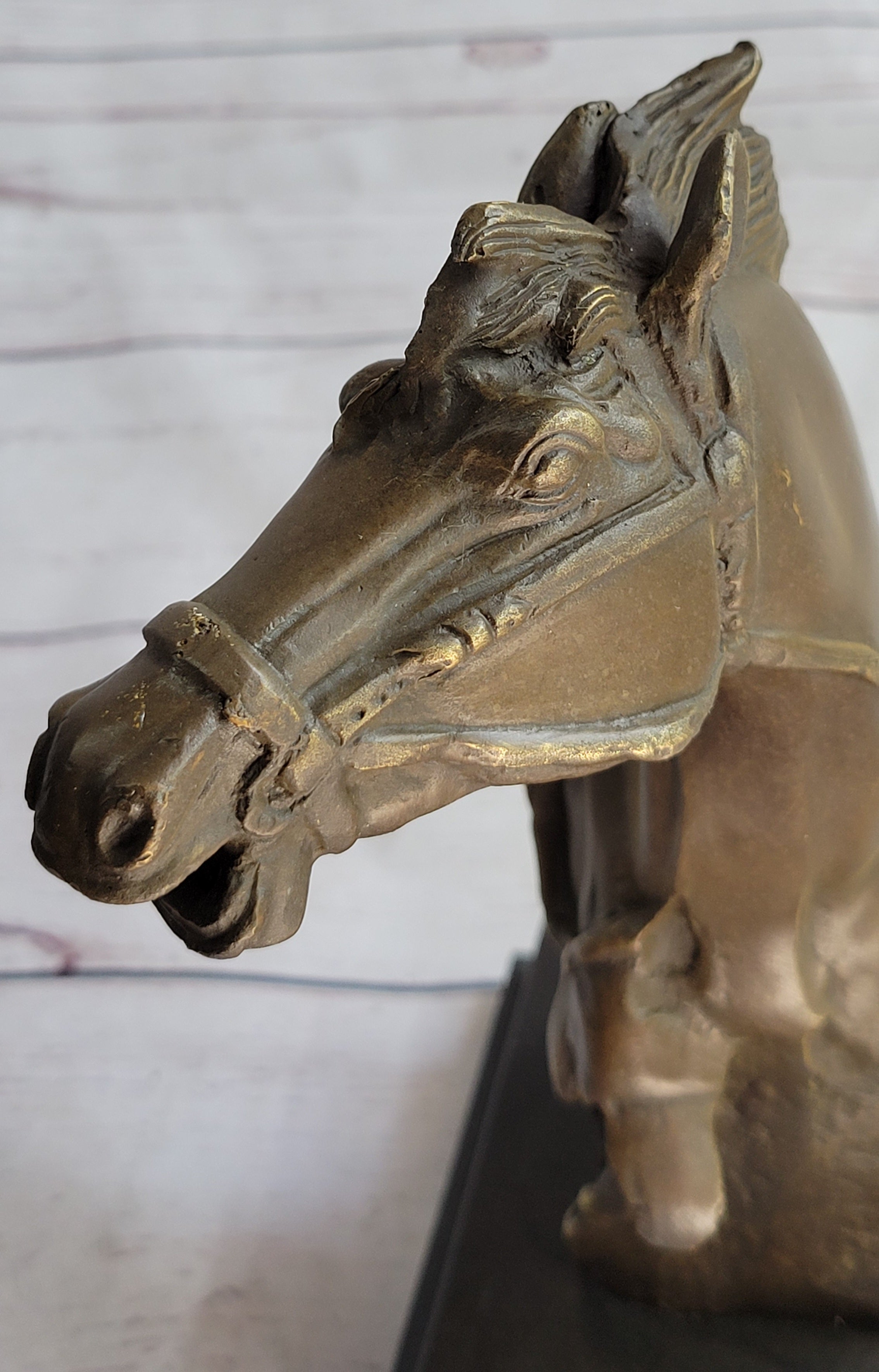 Horse Head Bust Abstract Bronze Metal Sculpture on Marble Base