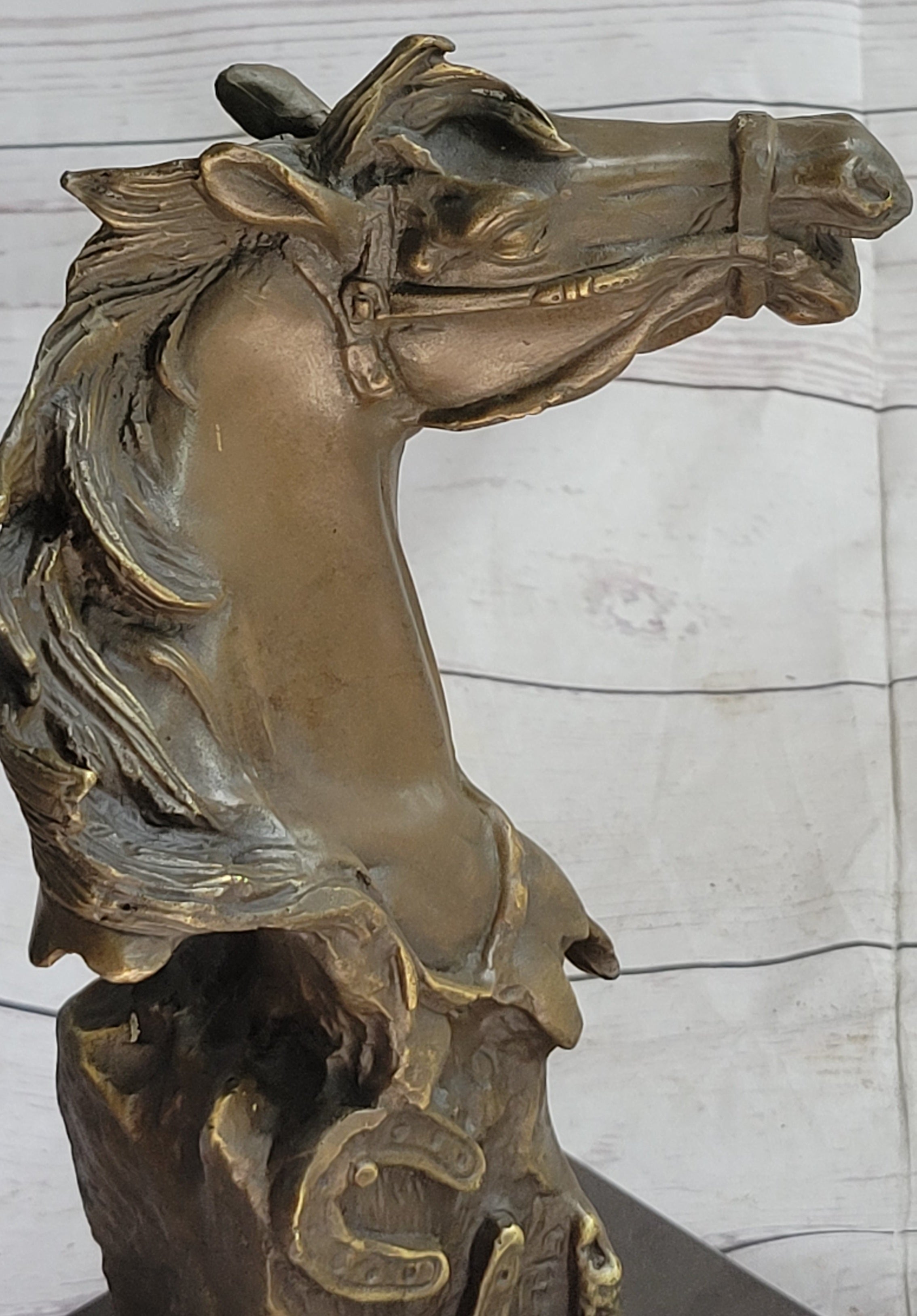 Horse Head Bust Abstract Bronze Metal Sculpture on Marble Base