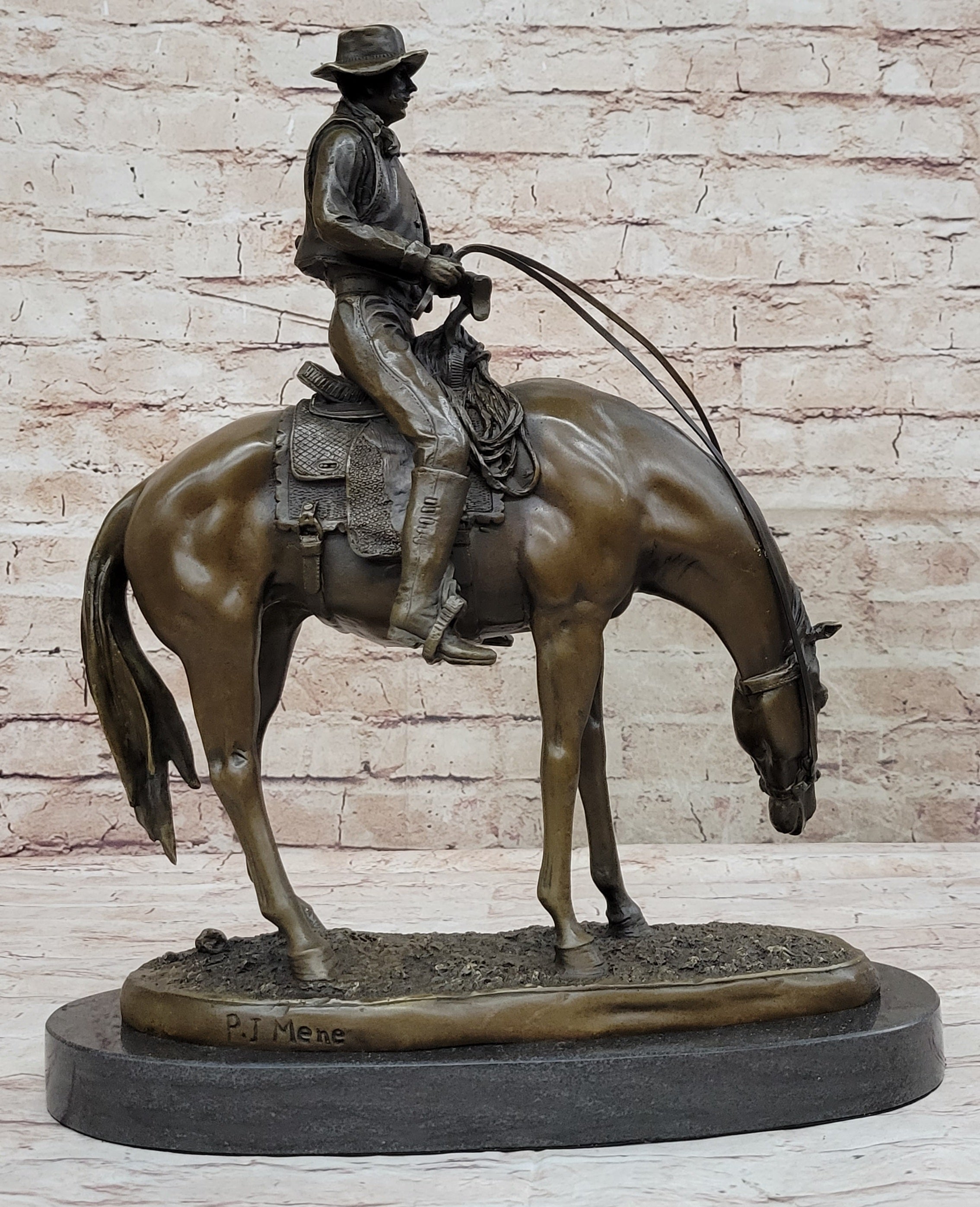 Western Cowboy on Horseback w/ Shotgun Bronze 16" x 14"