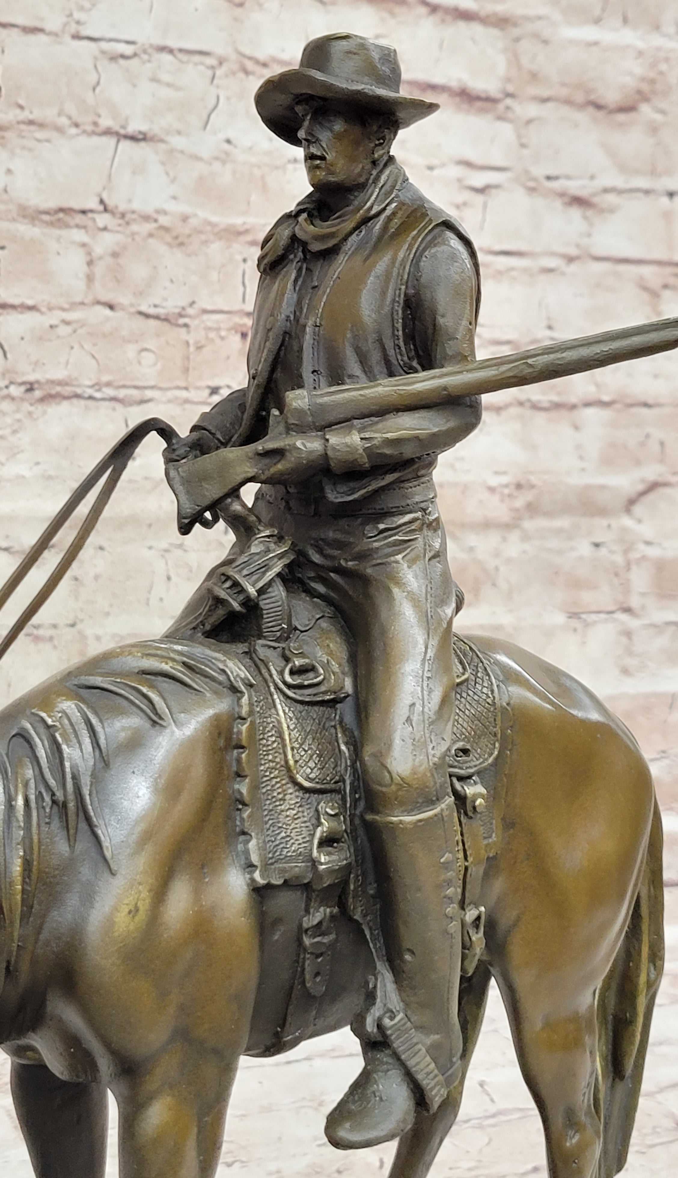 Western Cowboy on Horseback w/ Shotgun Bronze 16" x 14"