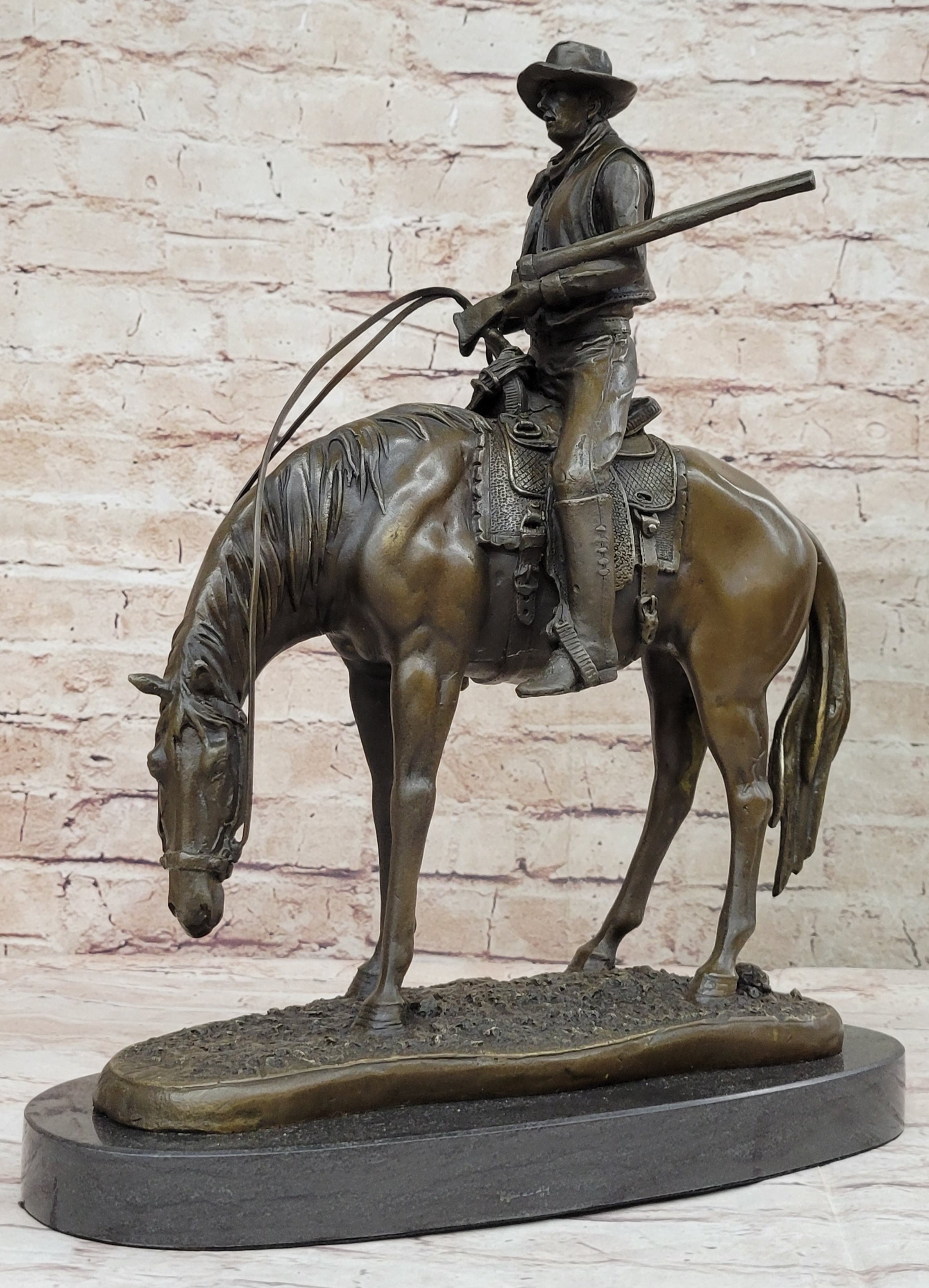 Western Cowboy on Horseback w/ Shotgun Bronze 16" x 14"