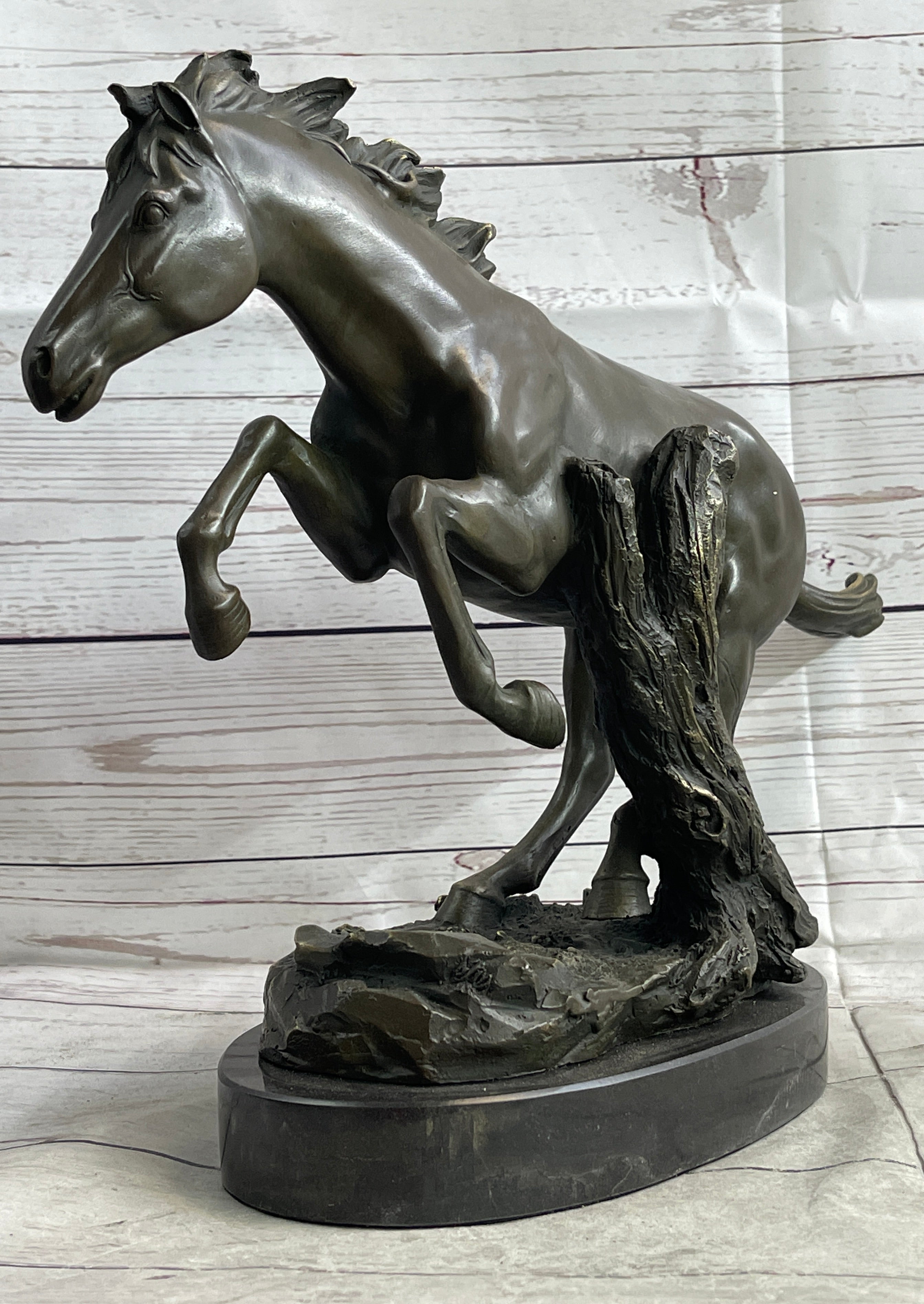 Running Galloping Wild Horse Mustang Bronze Sculpture on Marble Base