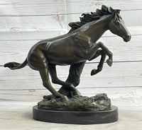 Running Galloping Wild Horse Mustang Bronze Sculpture on Marble Base