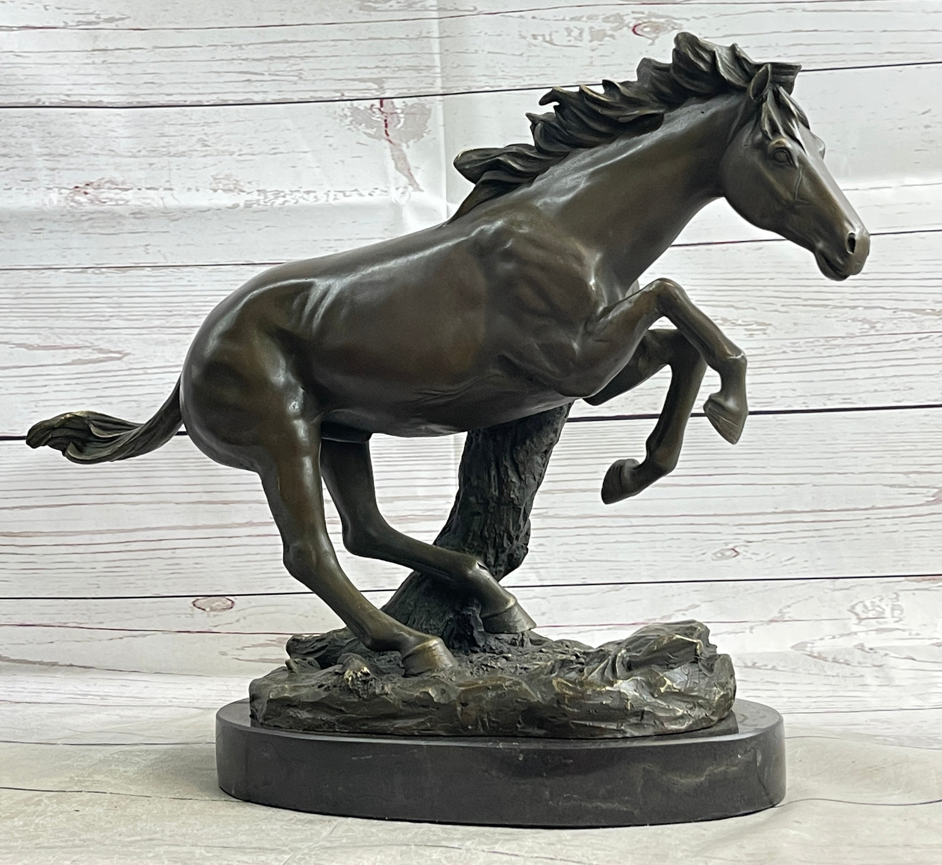 Running Galloping Wild Horse Mustang Bronze Sculpture on Marble Base