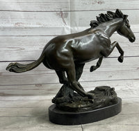 Running Galloping Wild Horse Mustang Bronze Sculpture on Marble Base