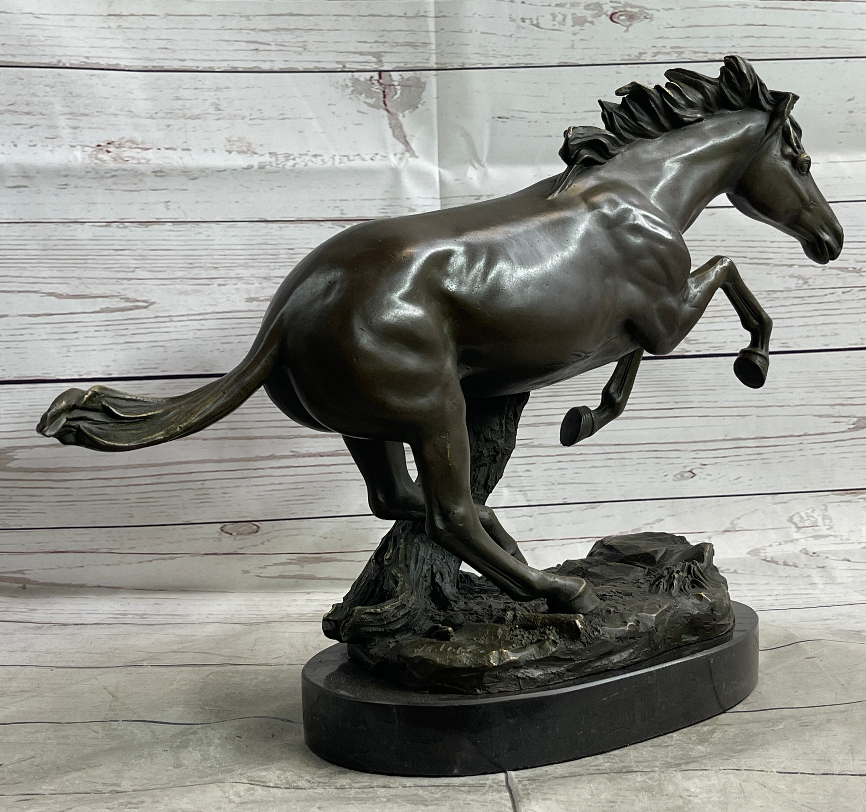 Running Galloping Wild Horse Mustang Bronze Sculpture on Marble Base