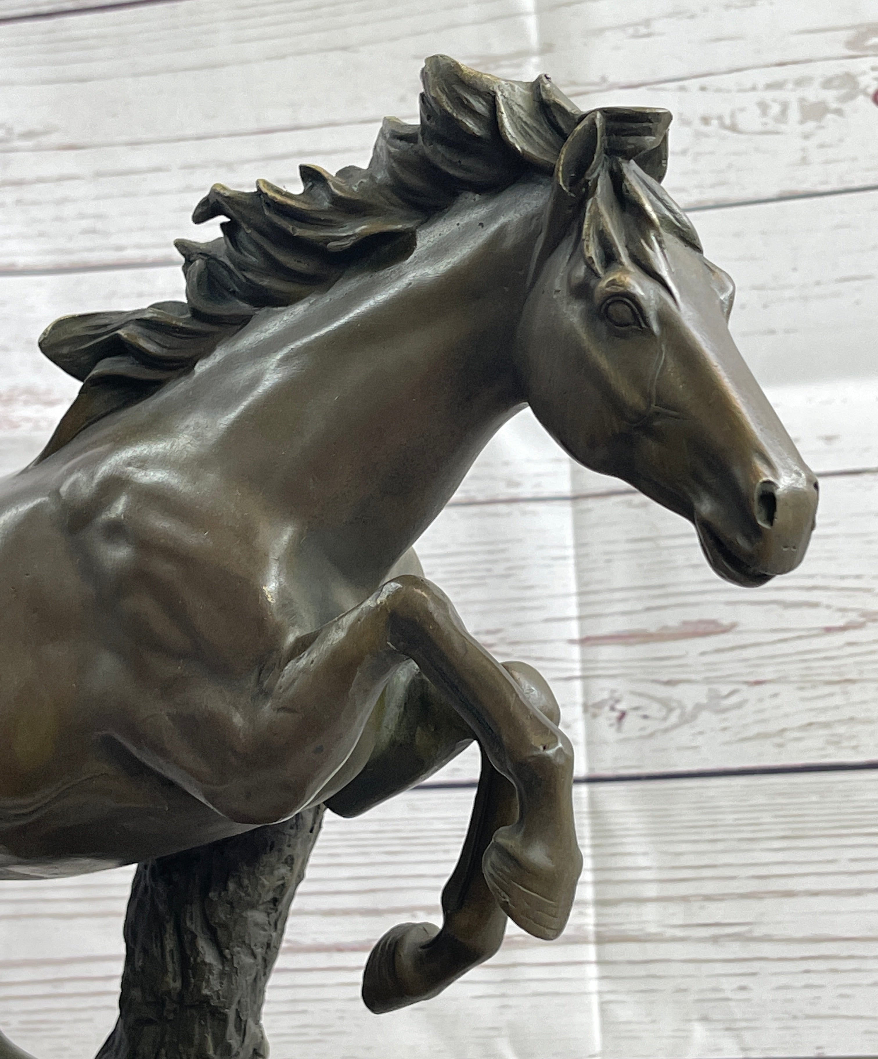 Running Galloping Wild Horse Mustang Bronze Sculpture on Marble Base