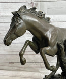 Running Galloping Wild Horse Mustang Bronze Sculpture on Marble Base