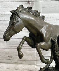 Running Galloping Wild Horse Mustang Bronze Sculpture on Marble Base
