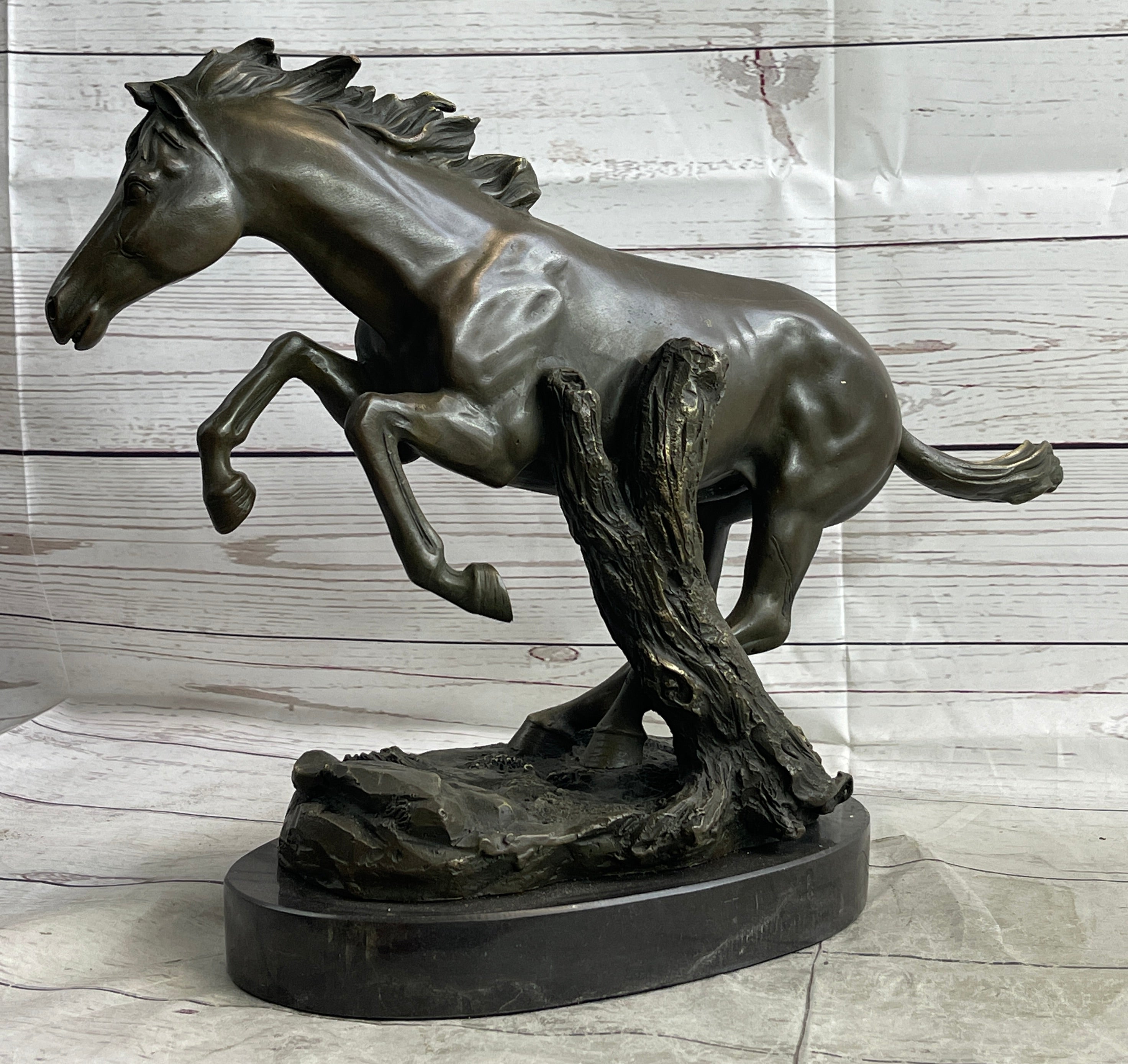 Running Galloping Wild Horse Mustang Bronze Sculpture on Marble Base