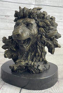 Roaring Lion's Head Bronze Bust Marble Base 9" x 7"