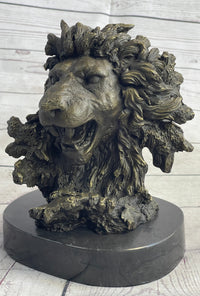 Roaring Lion's Head Bronze Bust Marble Base 9" x 7"