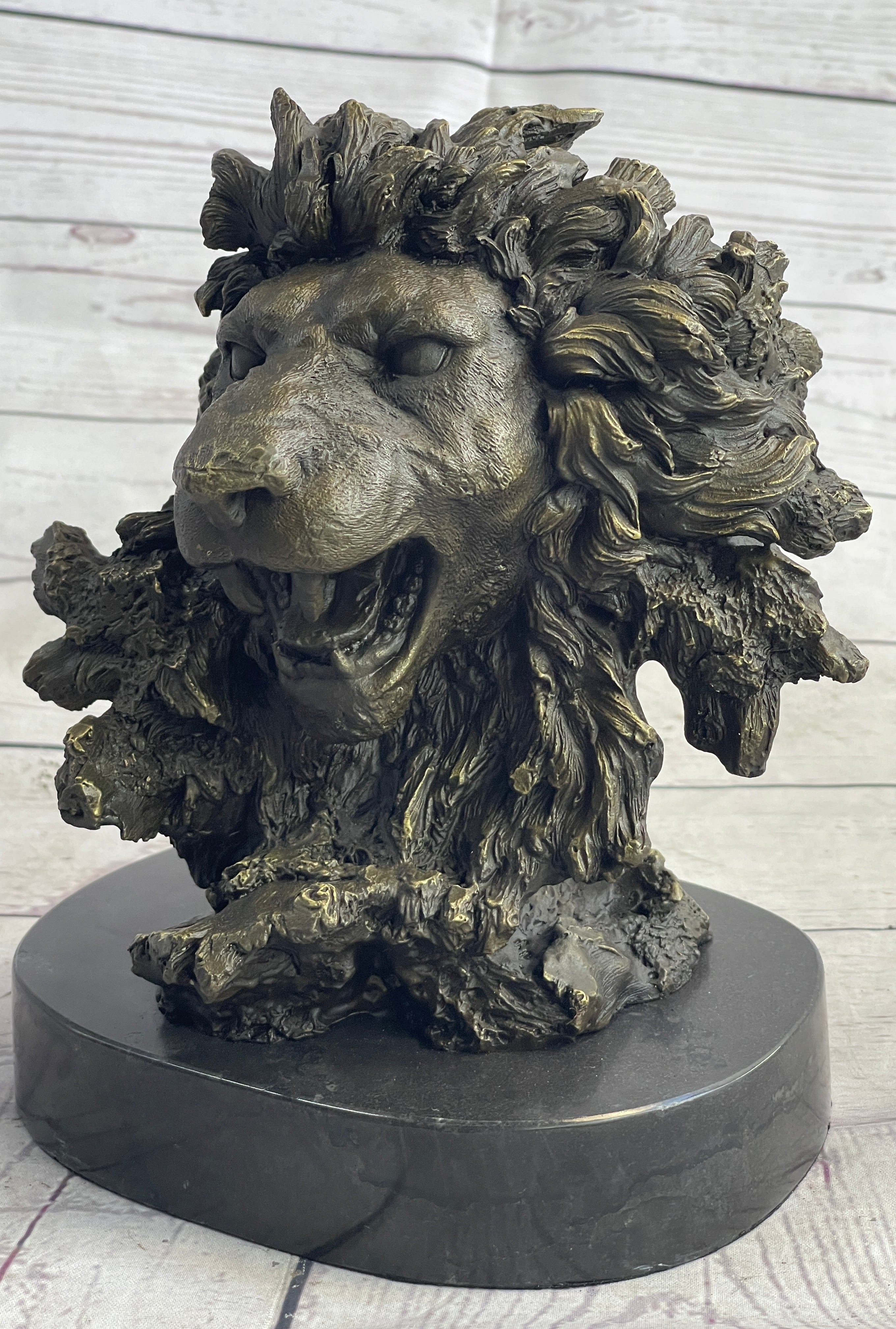Roaring Lion's Head Bronze Bust Marble Base 9" x 7"