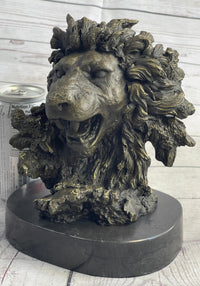 Roaring Lion's Head Bronze Bust Marble Base 9" x 7"