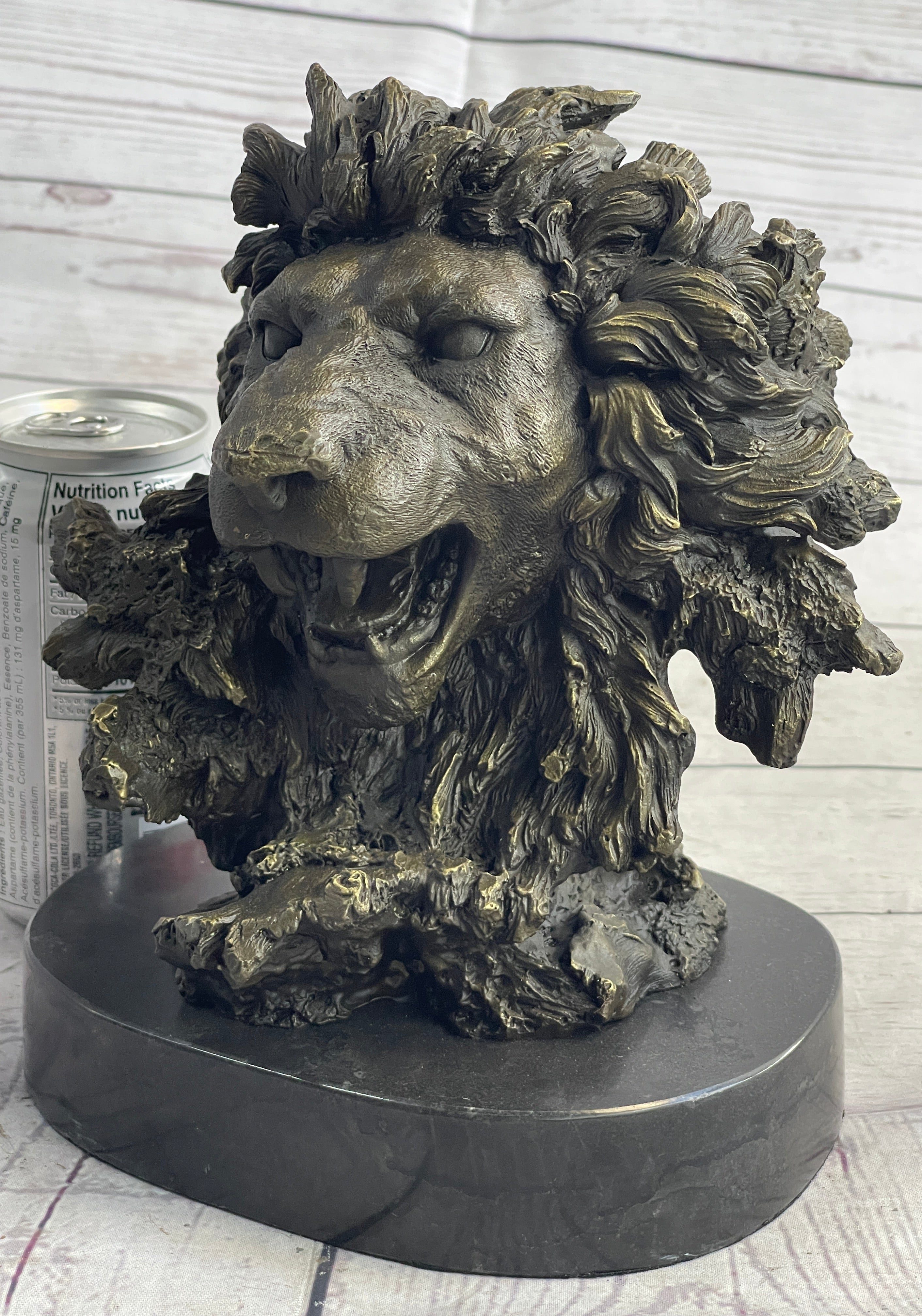 Roaring Lion's Head Bronze Bust Marble Base 9" x 7"