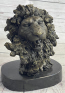 Roaring Lion's Head Bronze Bust Marble Base 9" x 7"