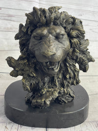 Roaring Lion's Head Bronze Bust Marble Base 9" x 7"