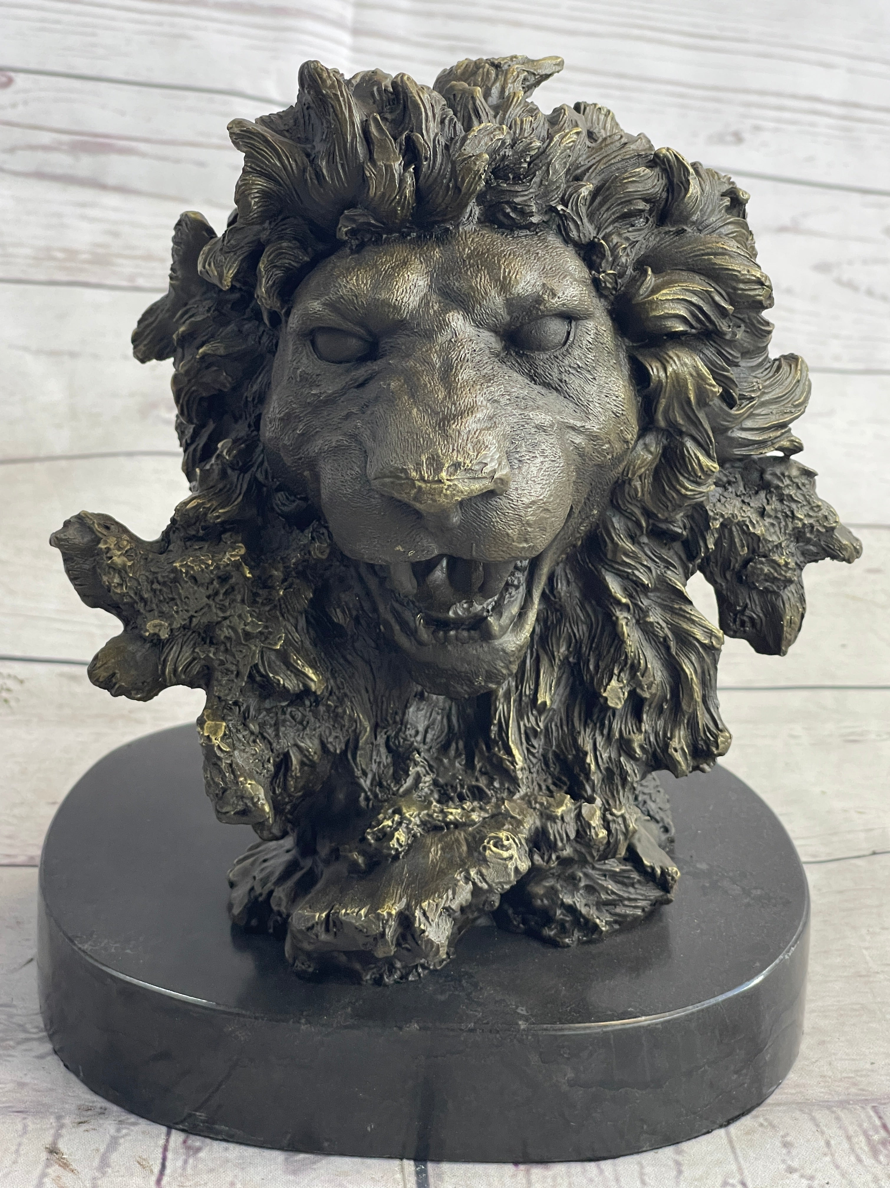 Roaring Lion's Head Bronze Bust Marble Base 9" x 7"
