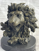 Roaring Lion's Head Bronze Bust Marble Base 9" x 7"