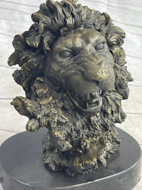 Roaring Lion's Head Bronze Bust Marble Base 9" x 7"