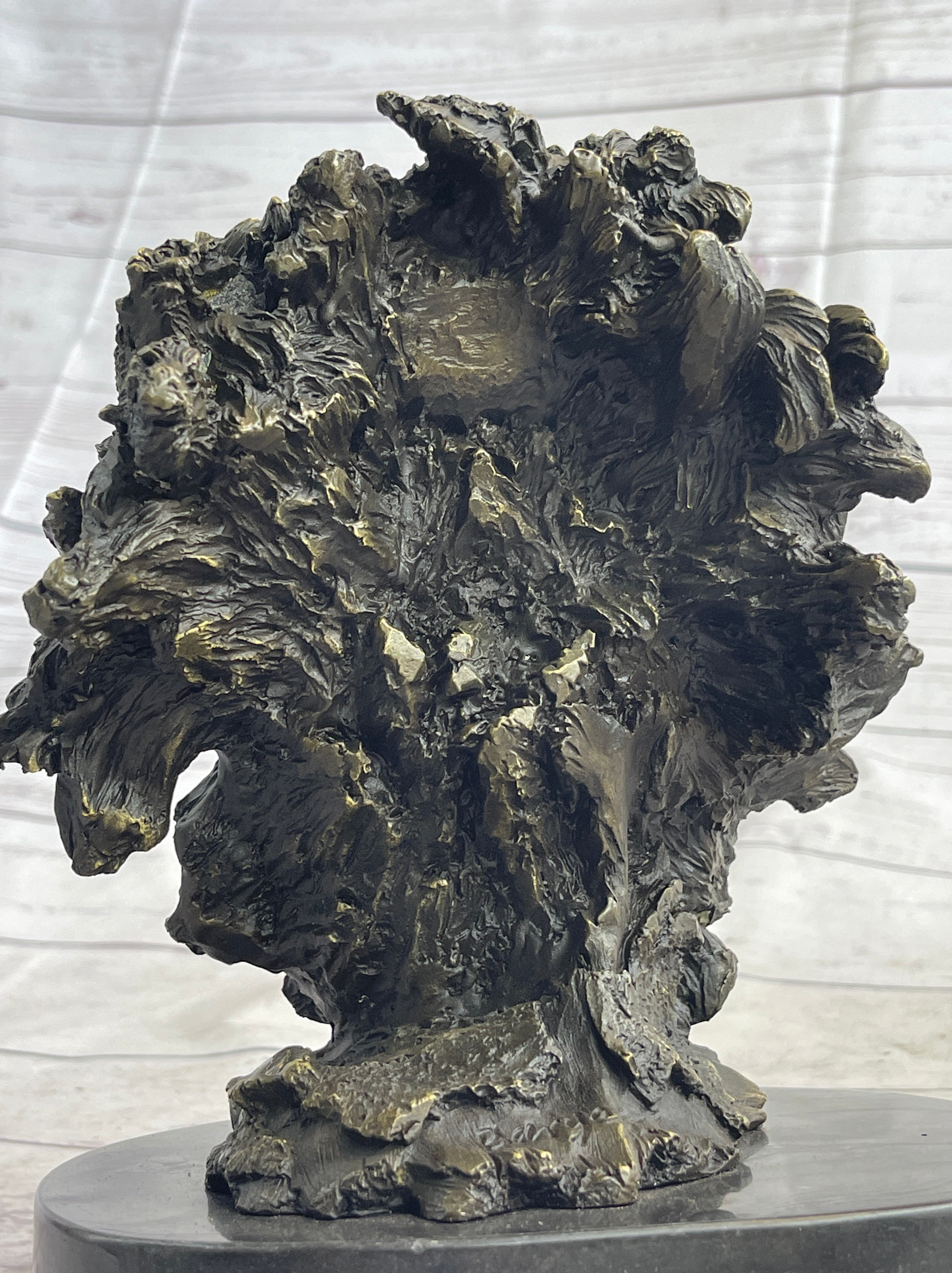 Roaring Lion's Head Bronze Bust Marble Base 9" x 7"