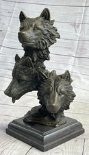 Three Wolves Heads Bronze Wolf Bust on Marble Base 14" x 8"