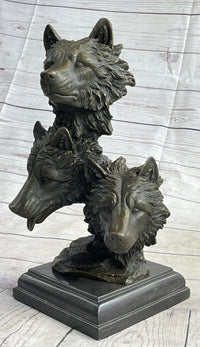 Three Wolves Heads Bronze Wolf Bust on Marble Base 14" x 8"